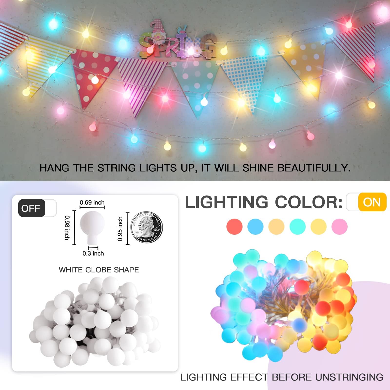 Suddus Pastel Christmas Lights, 100 Led String Lights Plug In, Indoor String Lights For Dorm, Classroom, Birthday, Backyard, Patio, Garden, Party, Living Room, Spring, Pastel Color