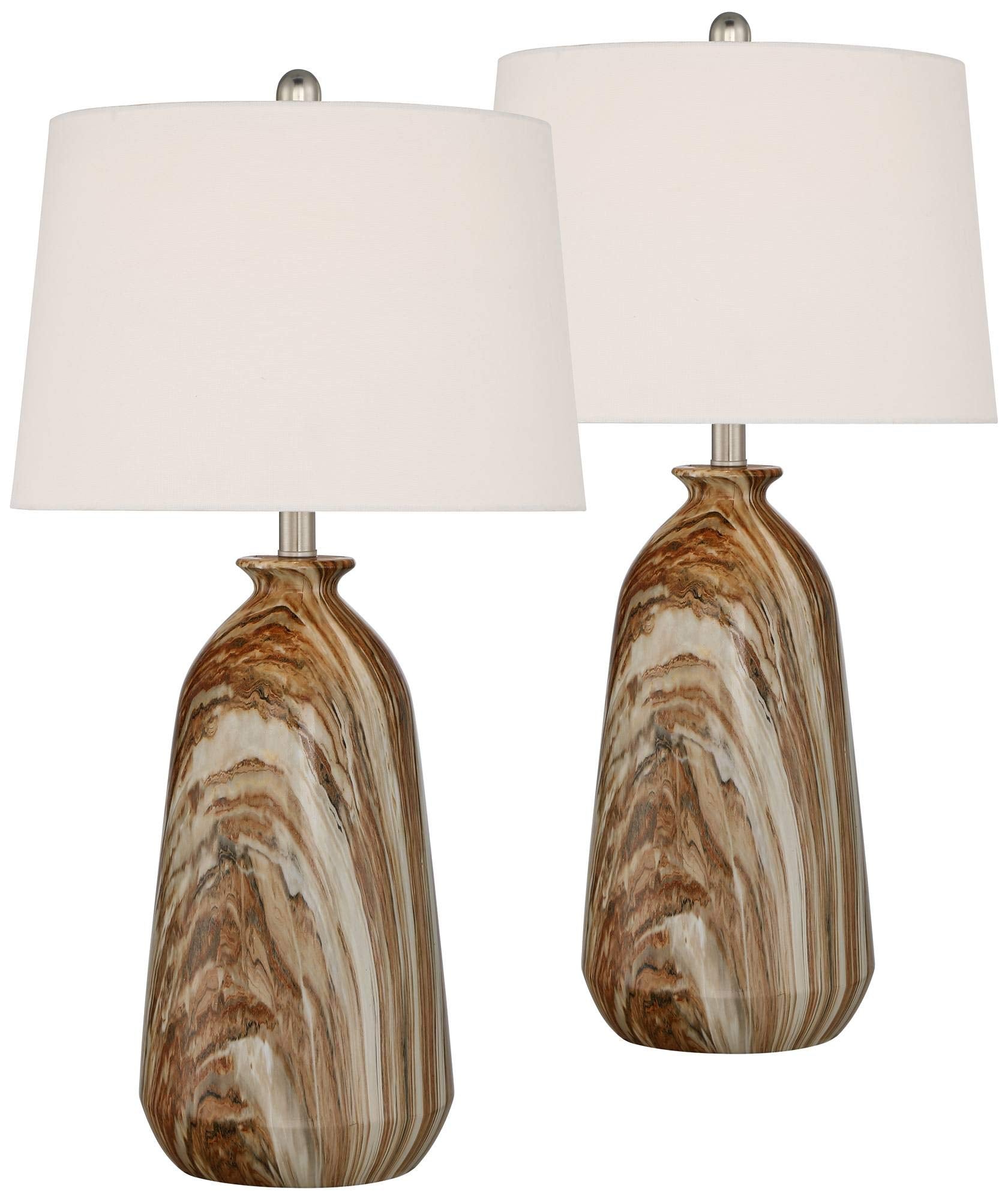 360 Lighting 28" Rustic Table Lamps Set of 2, Brown Faux Marble with White Drum Shades for Living Room, Bedroom, Nightstand