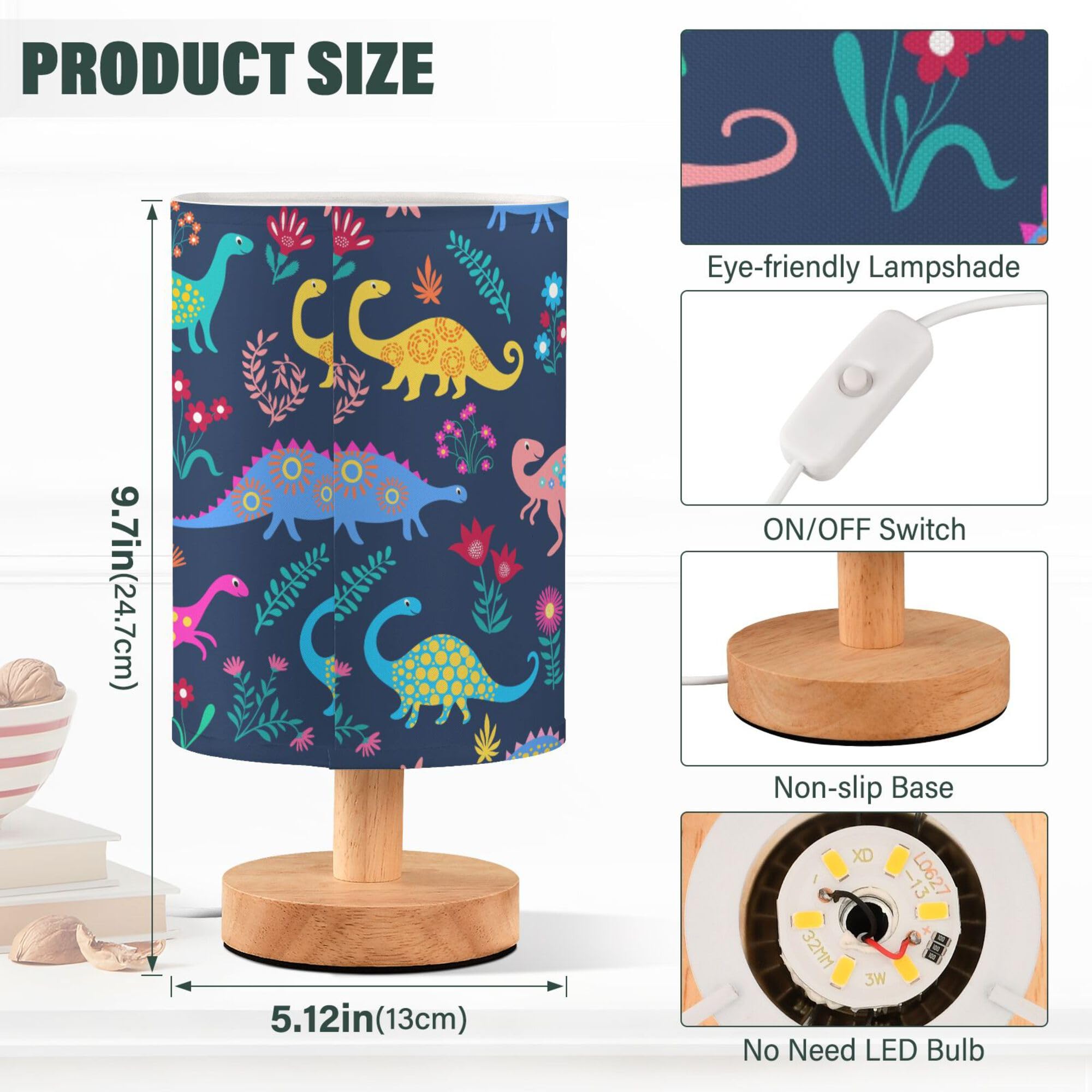 Yyzzh Table Lamp Dinosaur Floral Pattern Nightstand Lamp With Wood Base Fabric Lamp Shade Bedside Desk Lamp For Living Room Bedroom Kids Room Office