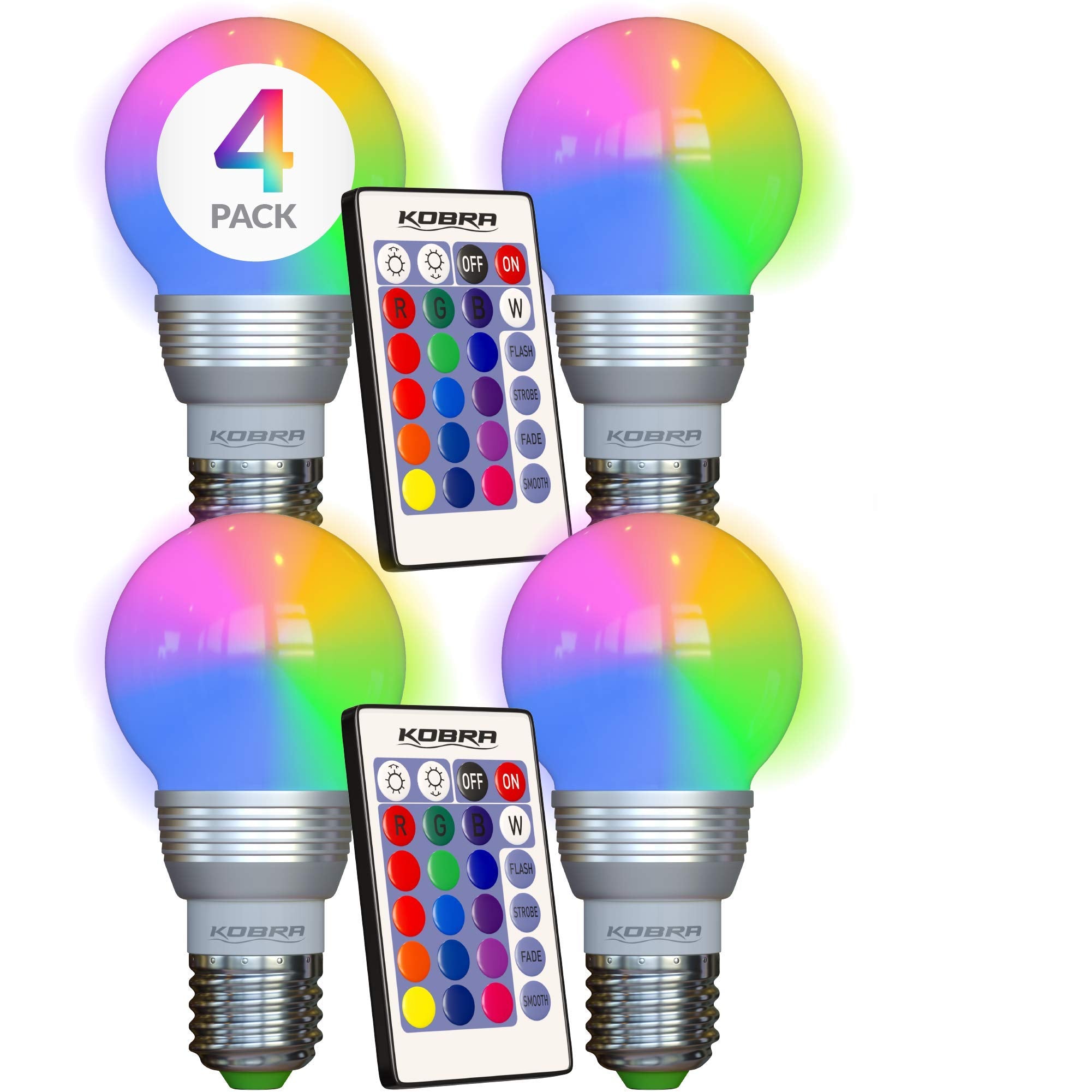 Kobra LED Color Changing Light Bulb with Remote Control (4-Pack) - 16 Different Color Choices Smooth, Fade, Flash or Strobe Mode