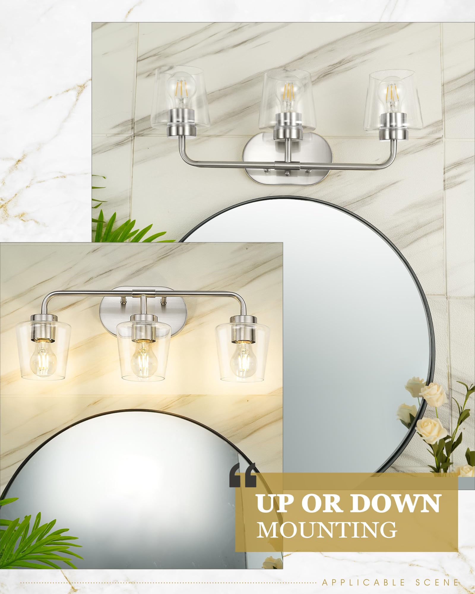 Audickic Bathroom Light Fixtures, 3-Light Brushed Nickel Vanity Lights Over Mirror With Clear Glass, Modern Vanity Lighting Fixtures, Ad-22004-3W-Sn-C