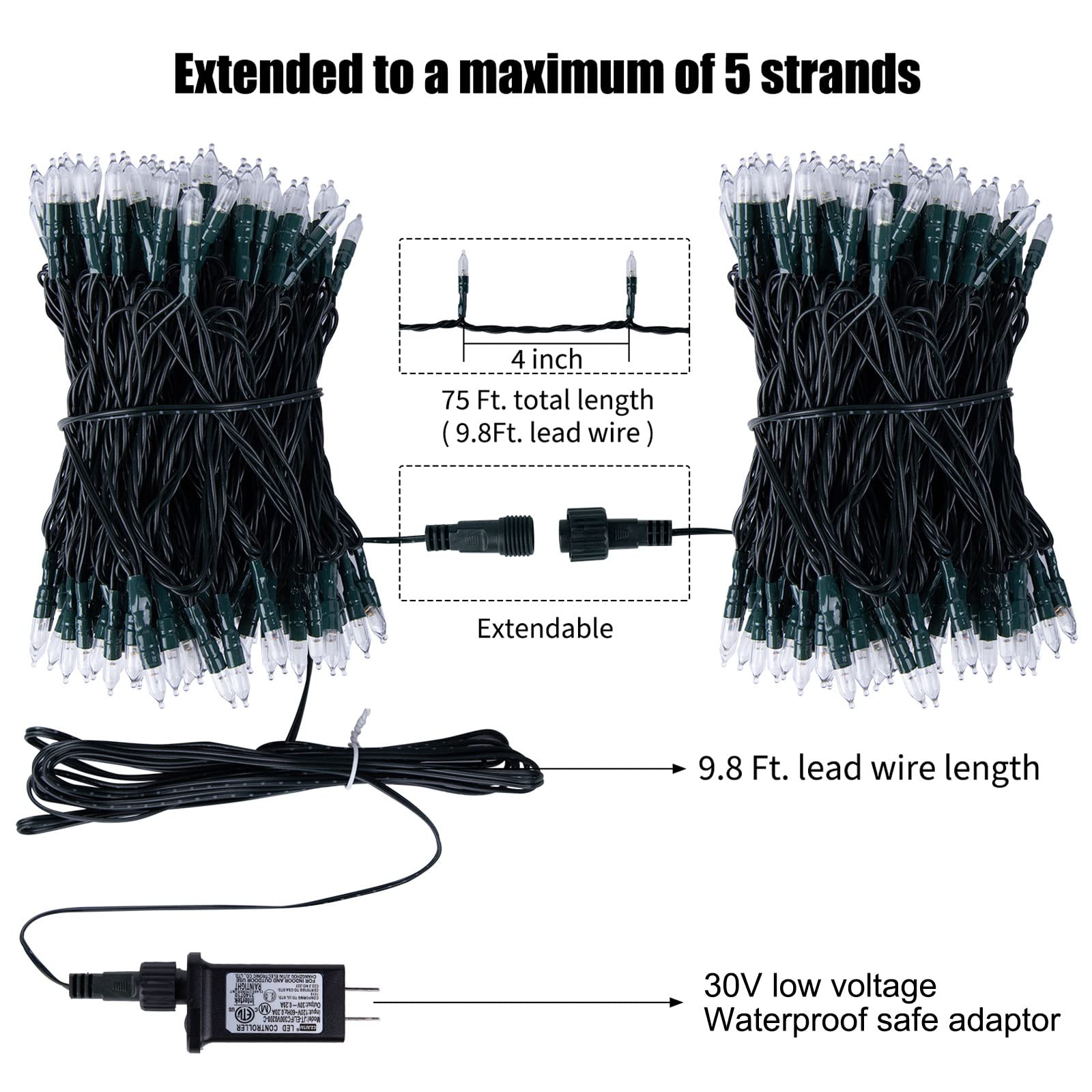 Minetom LED Christmas Mini Lights, 200 Clear Bulbs, 75 Feet, Warm White, 8 Light Modes, Connectable Fairy Lights, Model JT-EL/FC300V0200
