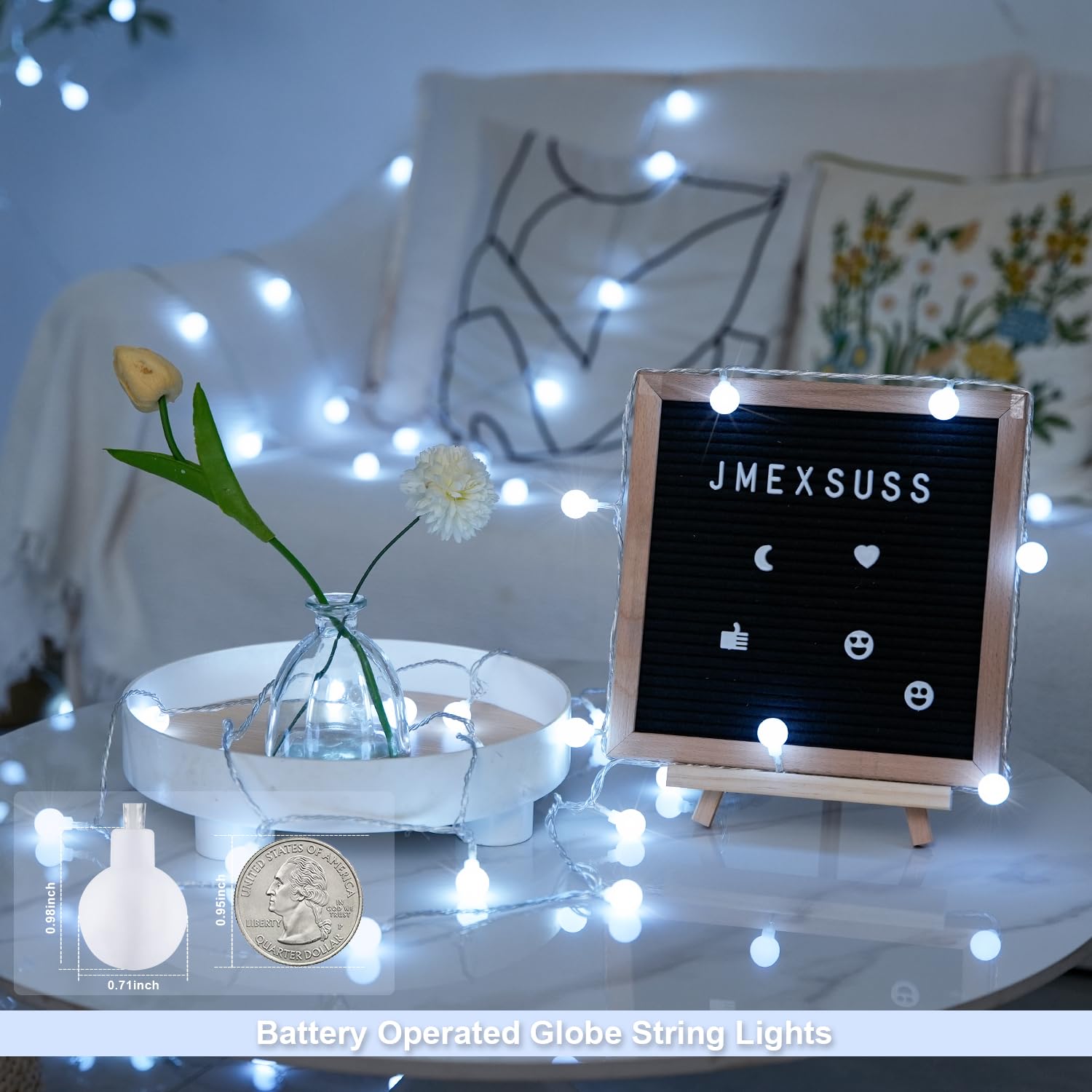 JMEXSUSS Globe String Lights - 100 LED White Fairy Lights, 33FT Waterproof Battery Operated with Remote, Model EXS-S-0100-R