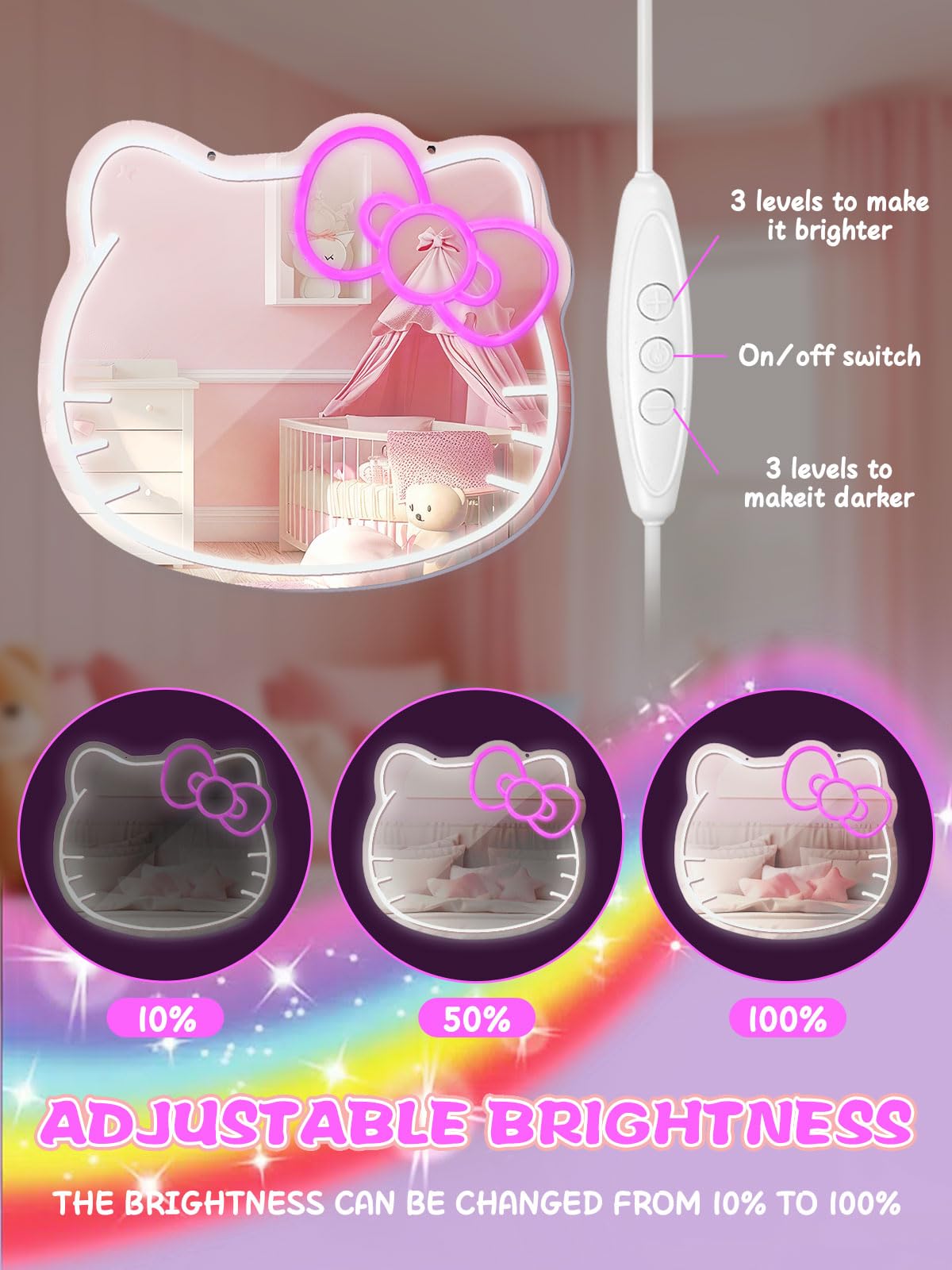 LUXUOSA Anime Mirror Vanity - Neon LED Wall Mirror with Remote, 13inL x 13inW, White, Perfect for Bedroom Decor and Gifts