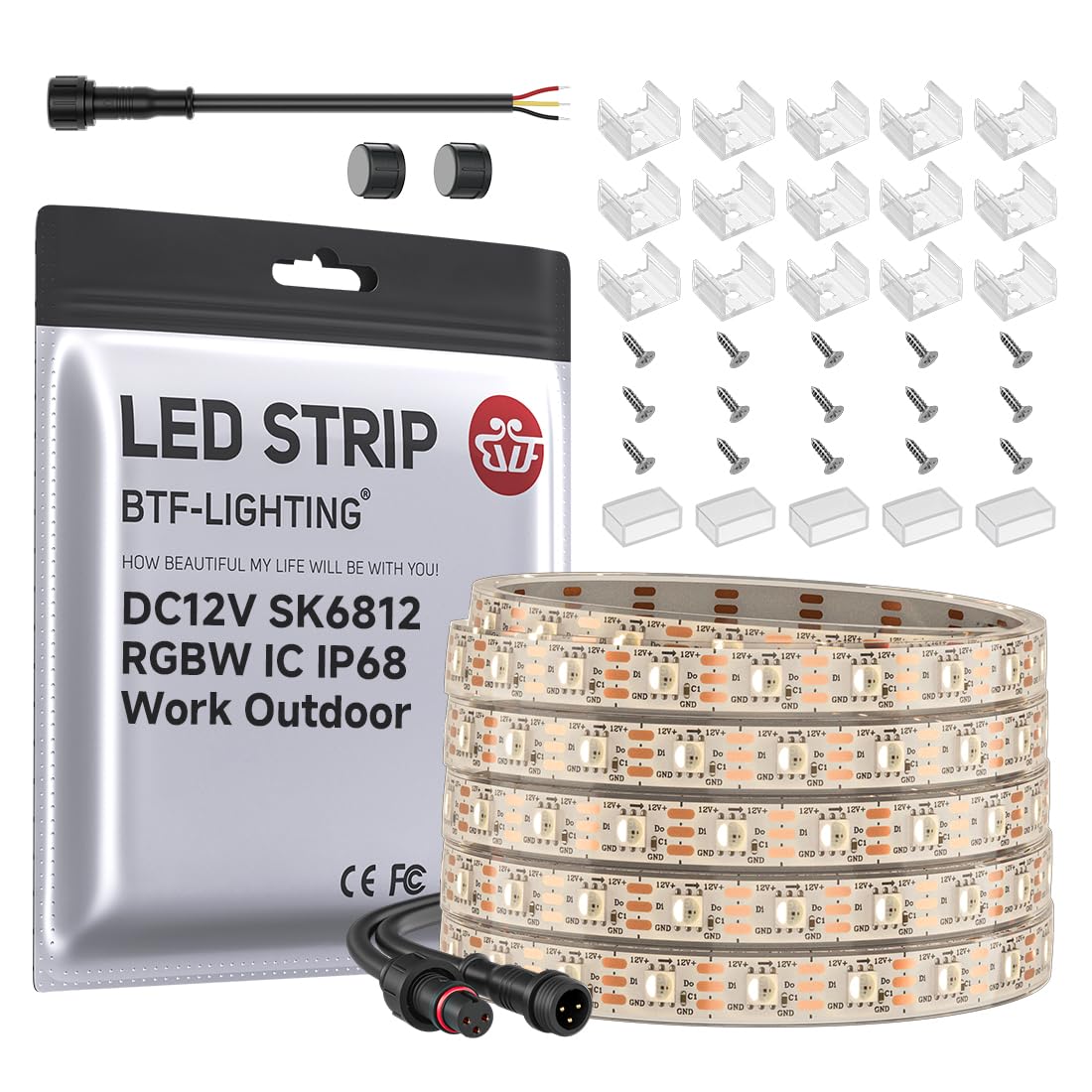 Btf-Lighting Sk6812(Similar Ws2812B) Rgbw Rgb+Warm White(3000K) Individually Addressable Dc12V 16.4Ft 60Led/M 4 Colors In 1 Light Dream Color Led Strip Ip68 White Pcb(No Adapter Or Controller)