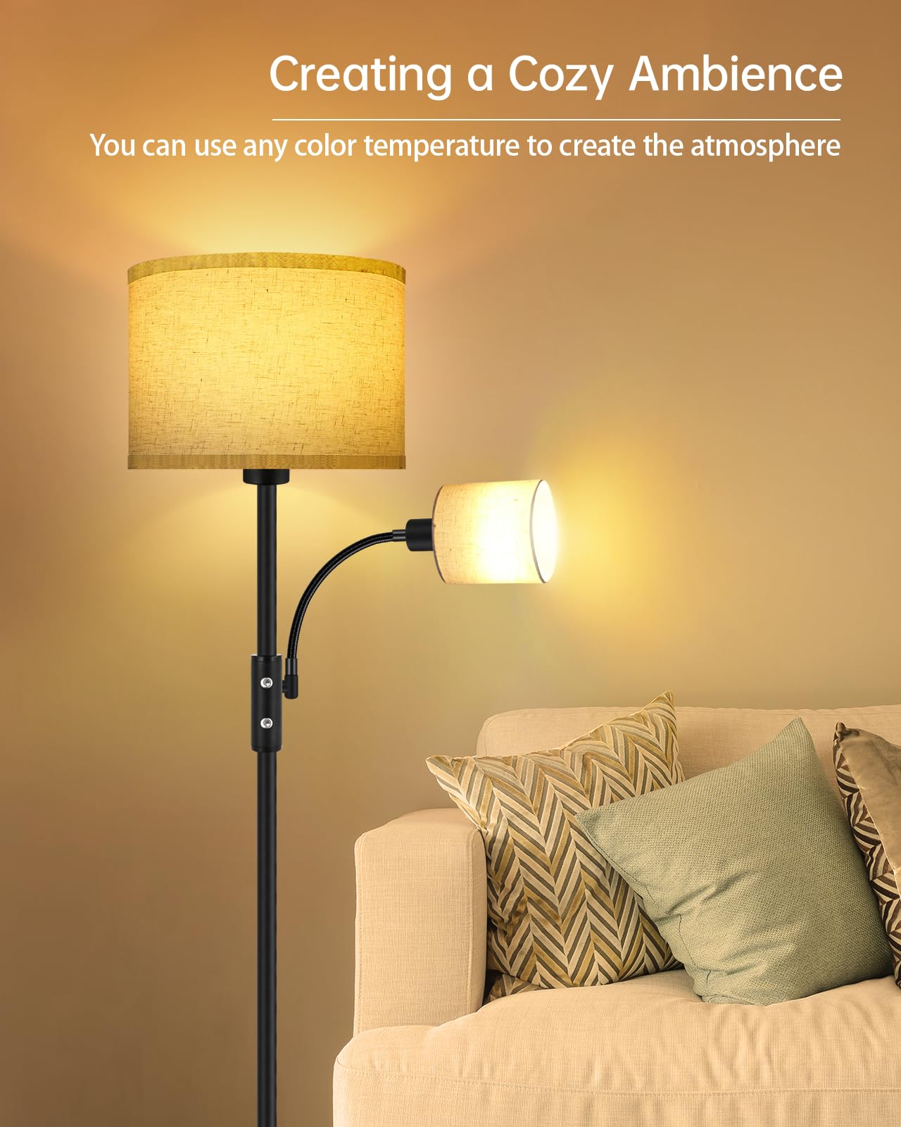 Floor Lamps For Living Room, Modern Floor Lamp With Reading Lamp, 62'' Tall Standing Lamp, Beige Lampshades, Simple Pole Lamps F