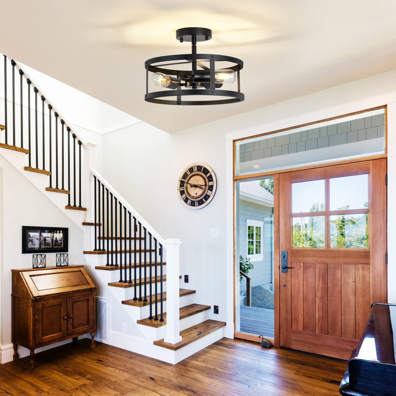 XPEHK 3-Light Semi Flush Mount Ceiling Light, Matte Black Metal Cage, Industrial Design, Model XPE10, 2 Pack