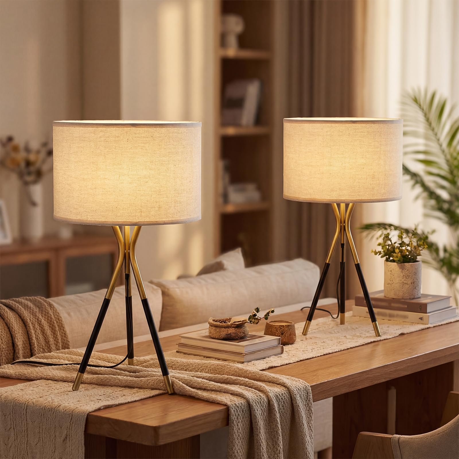 JINGOE 20.8 Modern Tripod Table Lamps Set of 2 Black and Gold Metal Table Lamps for Living Room Bedroom Nightstand End Table Decorative Lamps(Bulbs Included)