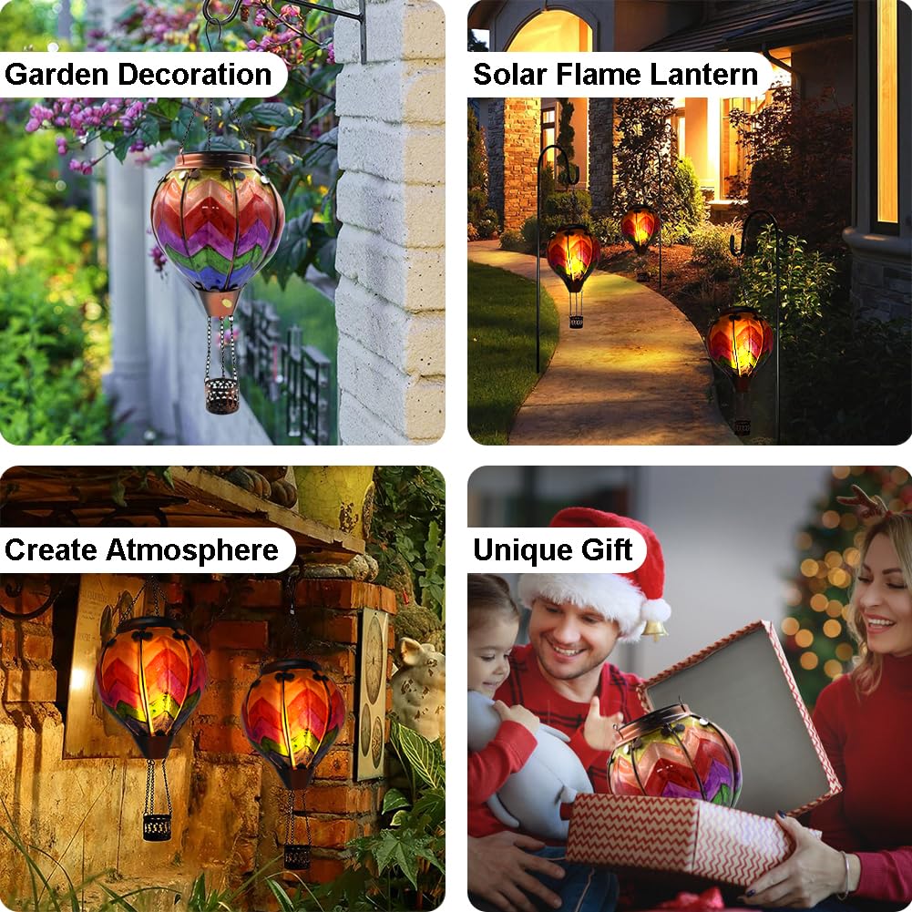 OUISJYER Hot Air Balloon Solar Lantern with Flickering Flame Hanging Solar Lanterns Outdoor Lights Waterproof Lanterns Decorativ