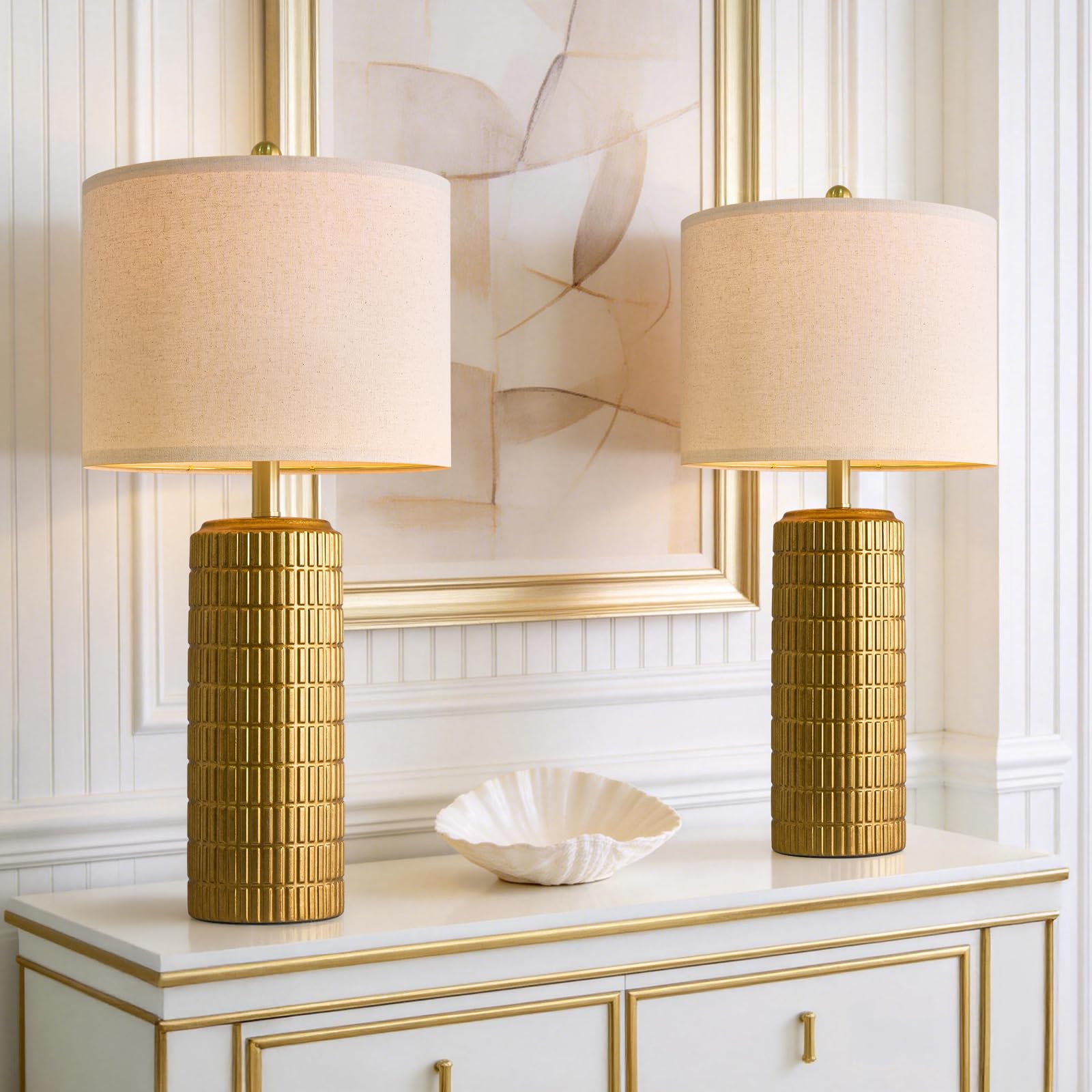 PoKat 27.5 Tall Brass Gold Table Lamps Set of 2 for Living Room  Modern Table Lamps for Bedroom Night Stands  Retro Ceramic Bedside Lamps  Nightstand Lamps for Sideboard Side End Table  Gold