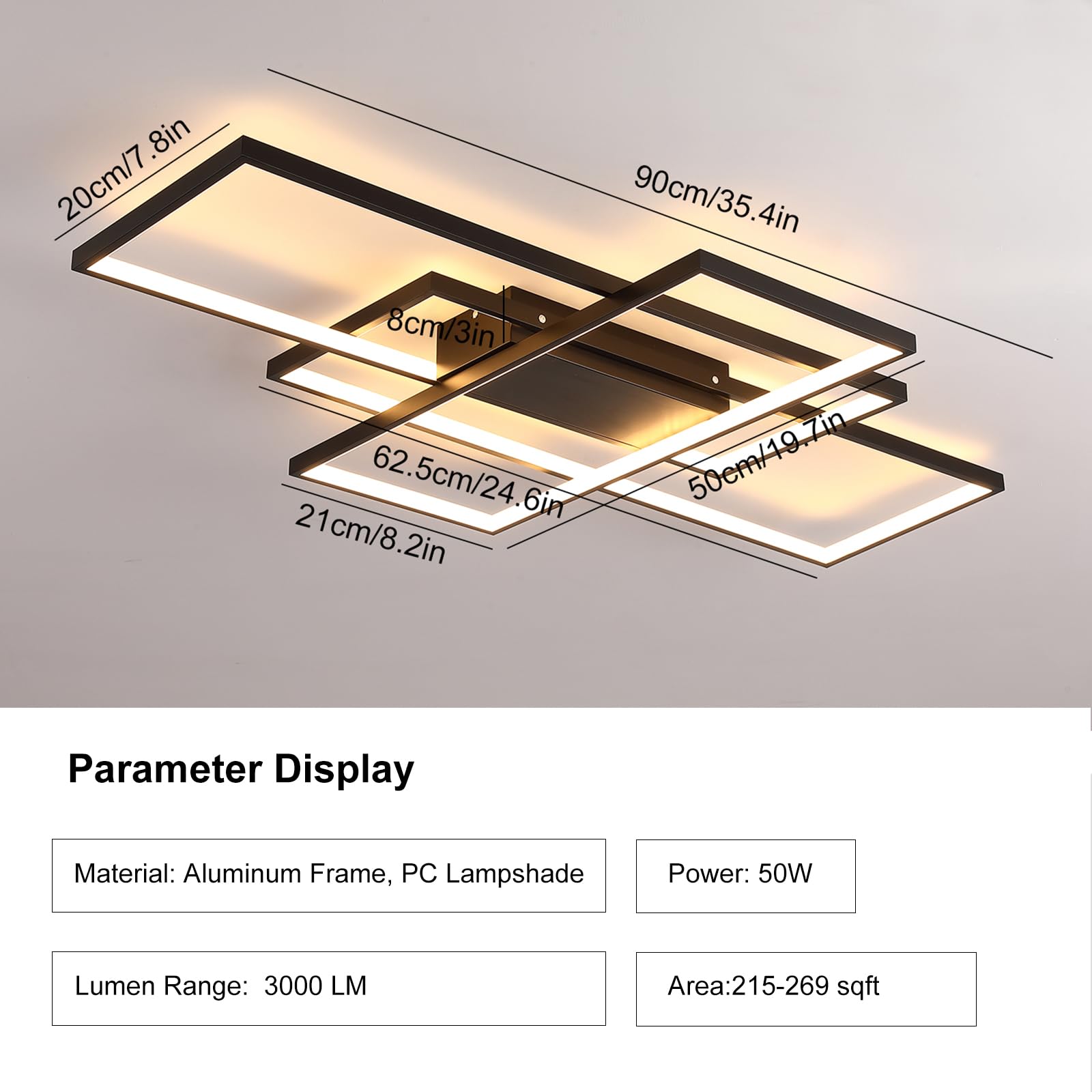 Geadi Modern Led Ceiling Lights For Living Room, Bedroom & Kitchen - Dimmable, 35.4'' Black Rectangular Fixtures With Remote Con