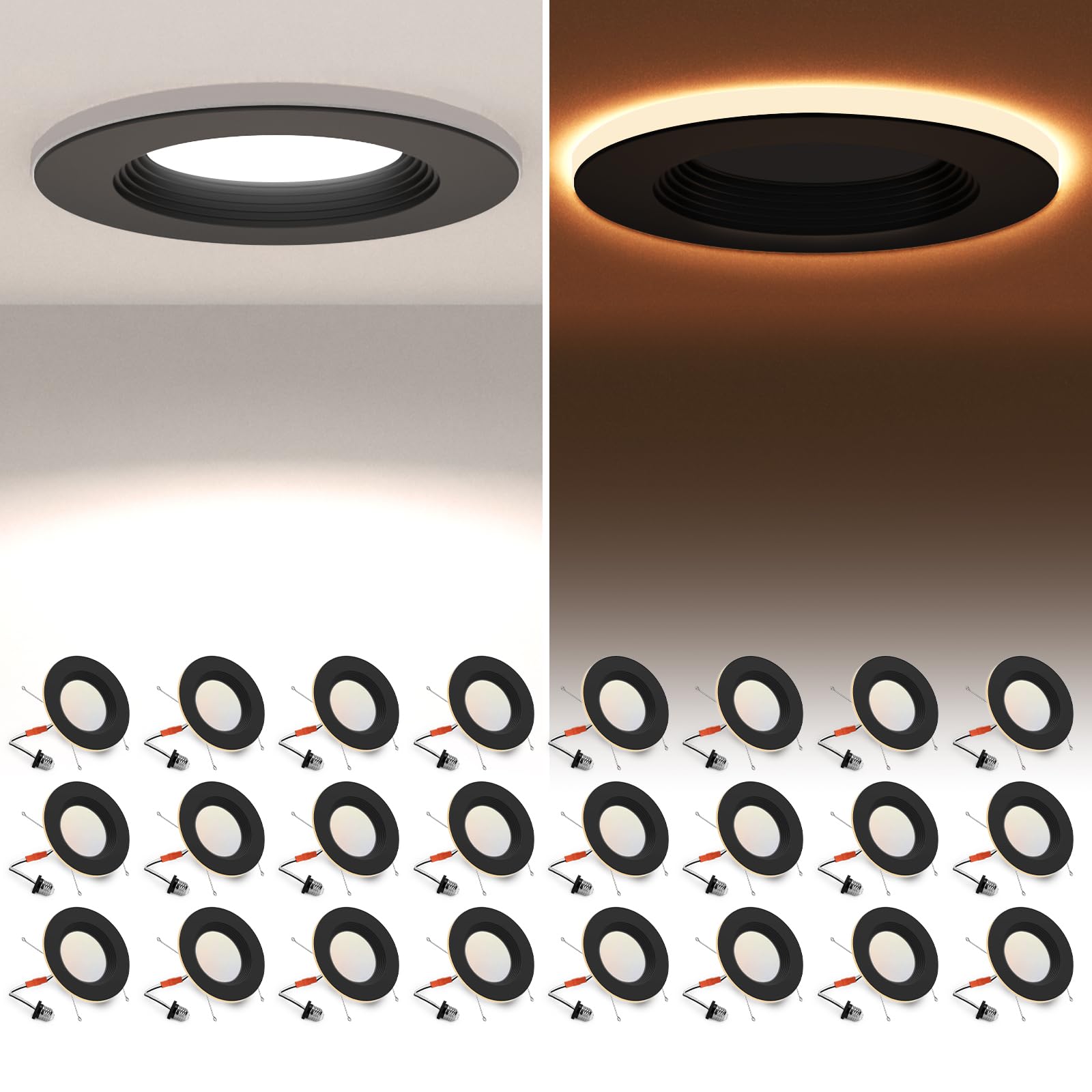 Powerasia 24 Pack Black 5/6 Inch Led Can Lights With Night Light, 5Cct Retrofit Recessed Lighting Selectable 2700K-6000K Dimmabl