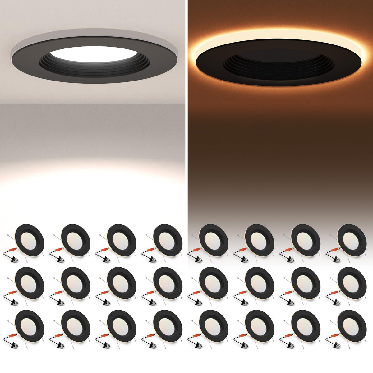 Powerasia 24 Pack Black 5/6 Inch Led Can Lights With Night Light, 5Cct Retrofit Recessed Lighting Selectable 2700K-6000K Dimmabl