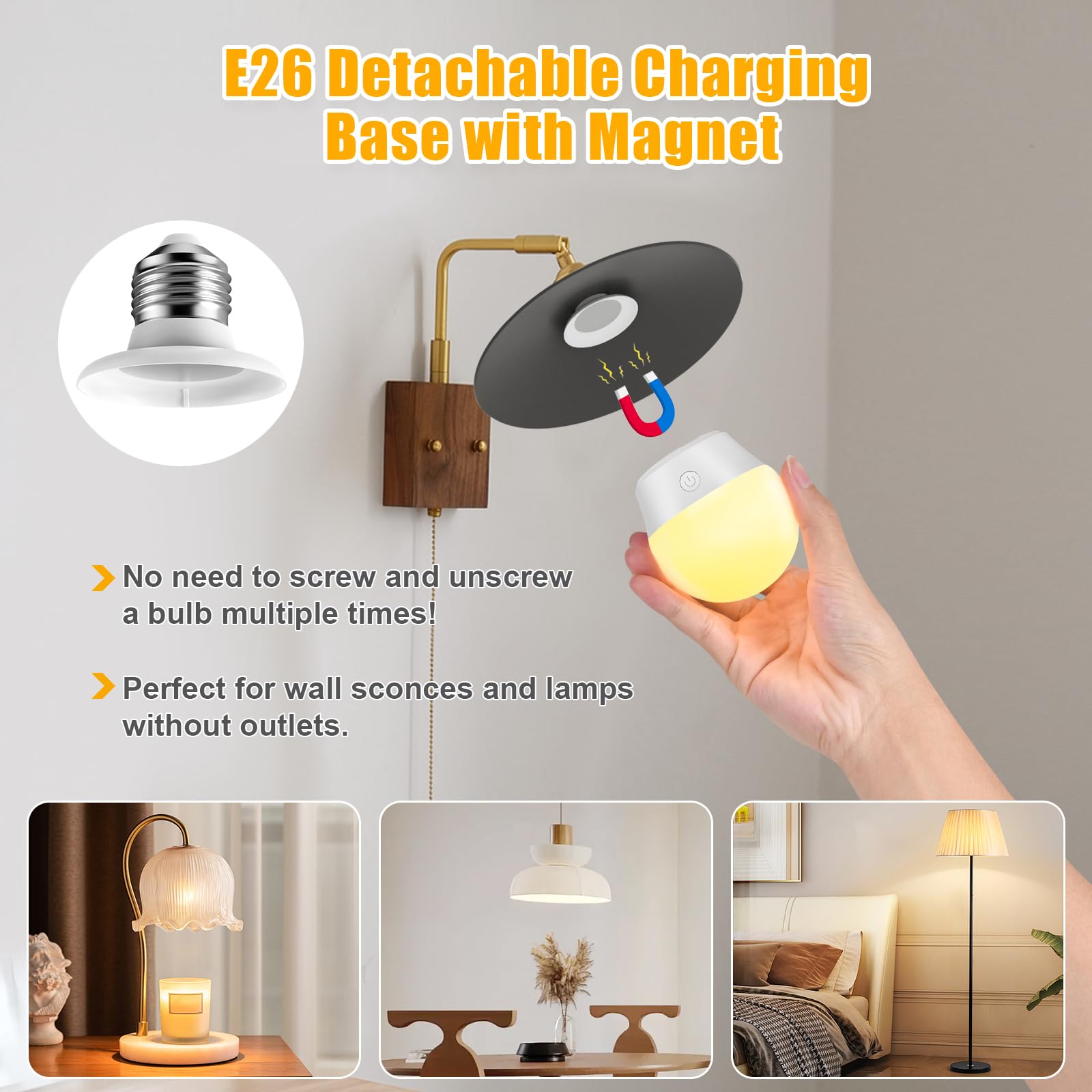 E26 Battery-Operated Rechargeable Light Bulbs With Remote And Timer For Lamps, Sconces, And Non-Hardwired Fixture, 3 Color Tempe
