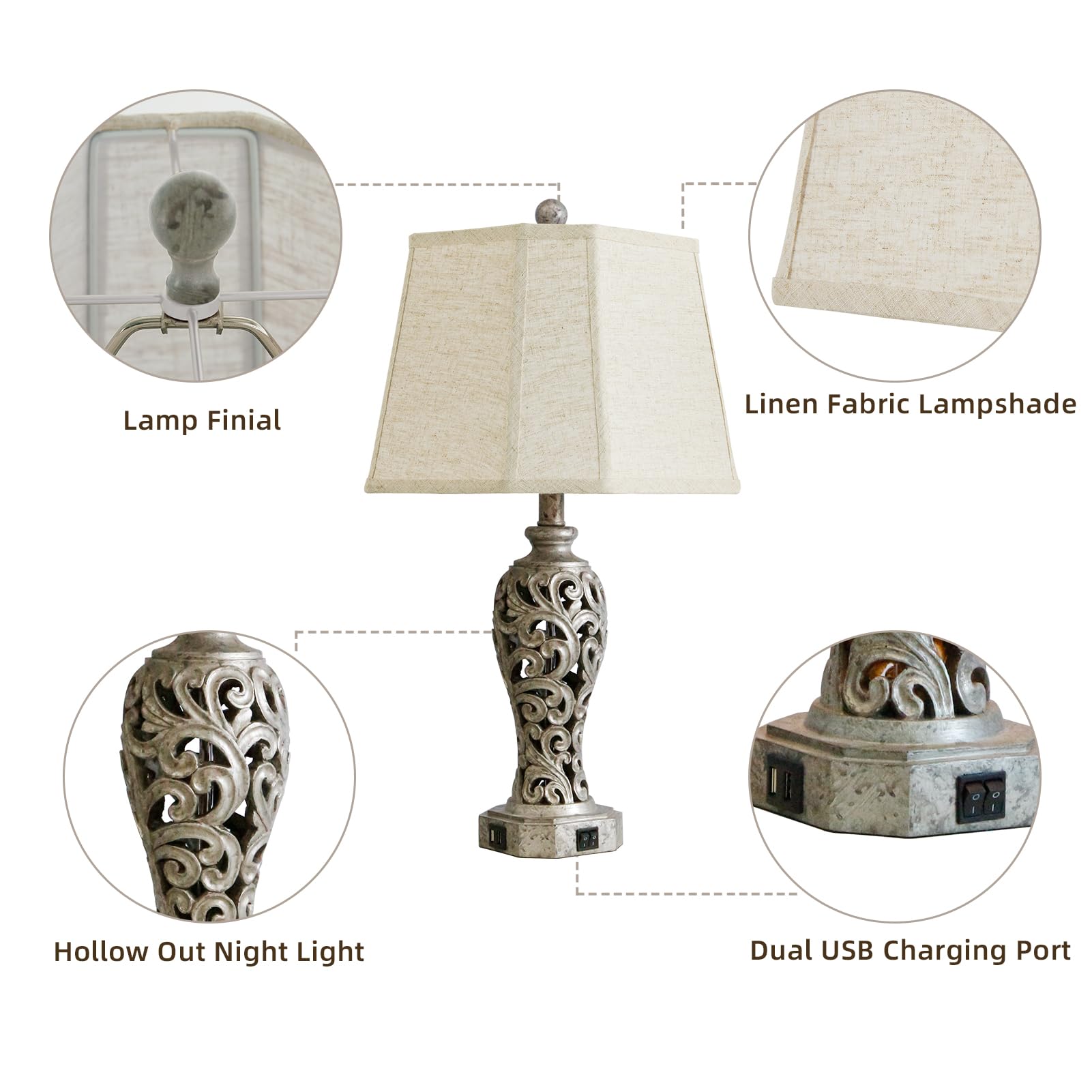Vintage Table Lamps Set Of 2 For Living Room Bedroom, 2 Usb Ports 25'' Rustic Farmhouse Desk Lamp With Nightlight, Iron Gray Hol