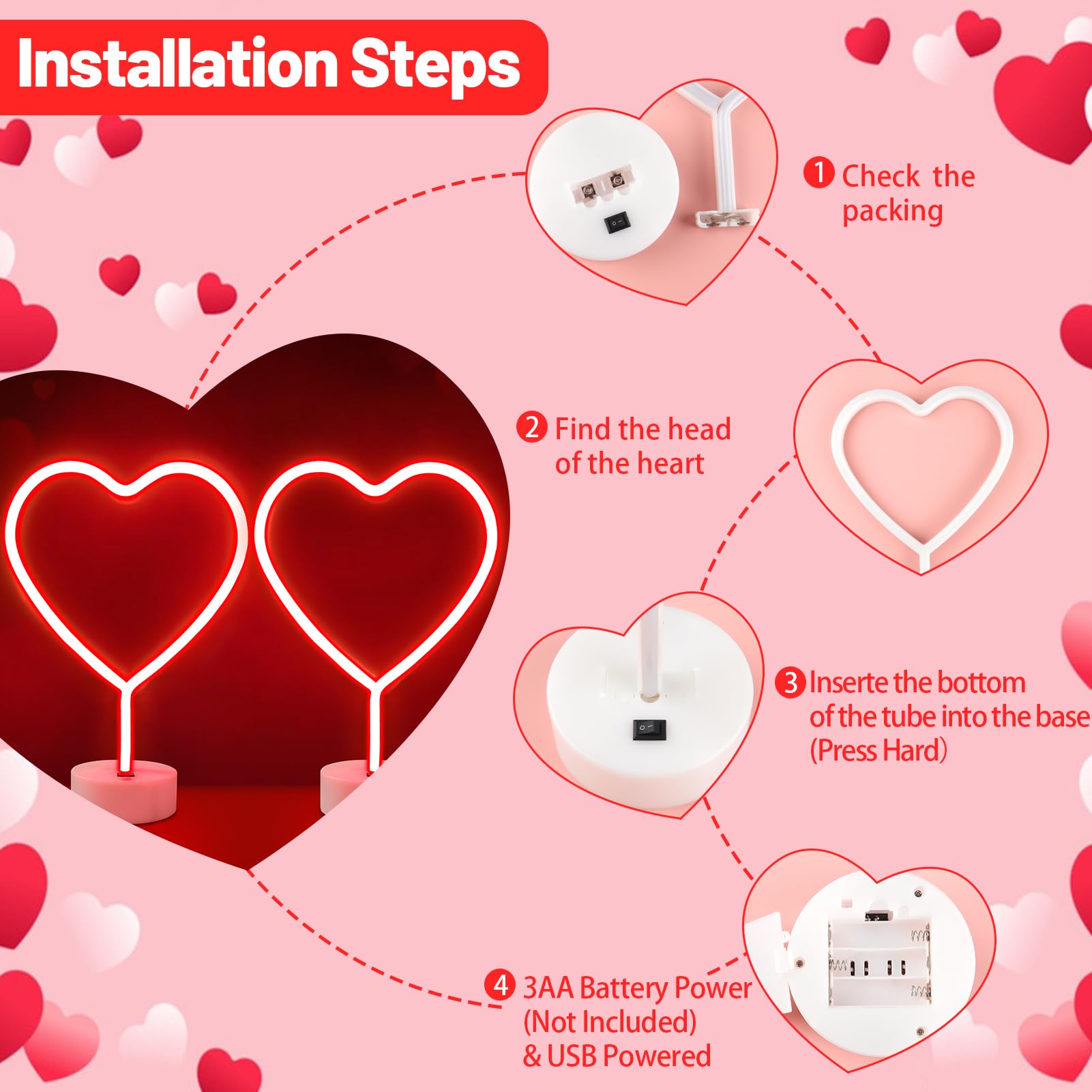 Brightdeck 2 Pack Heart Neon Signs  Led Lights Battery Operated Or Usb Powered Decoration Lamp  Neon Lights Decor For ValentineS Day Gifts  Wedding  Party  Pink Room Decor (Red Heart)