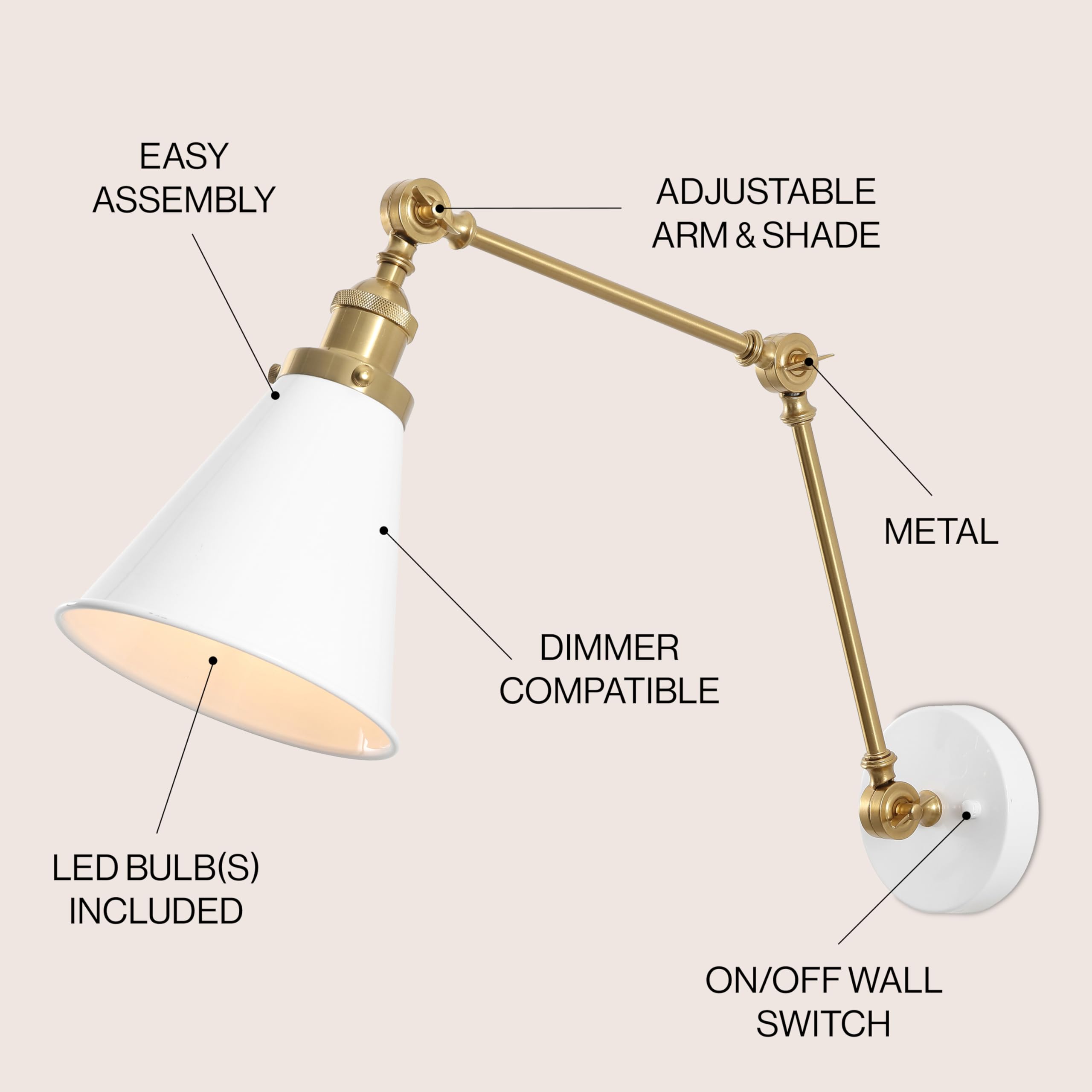 Jonathan Y Jyl7462B Rover 7'' Classic Industrial Metal Adjustable Arm Led Wall Sconce, White/Brass Gold For Bedroom, Bathroom, V