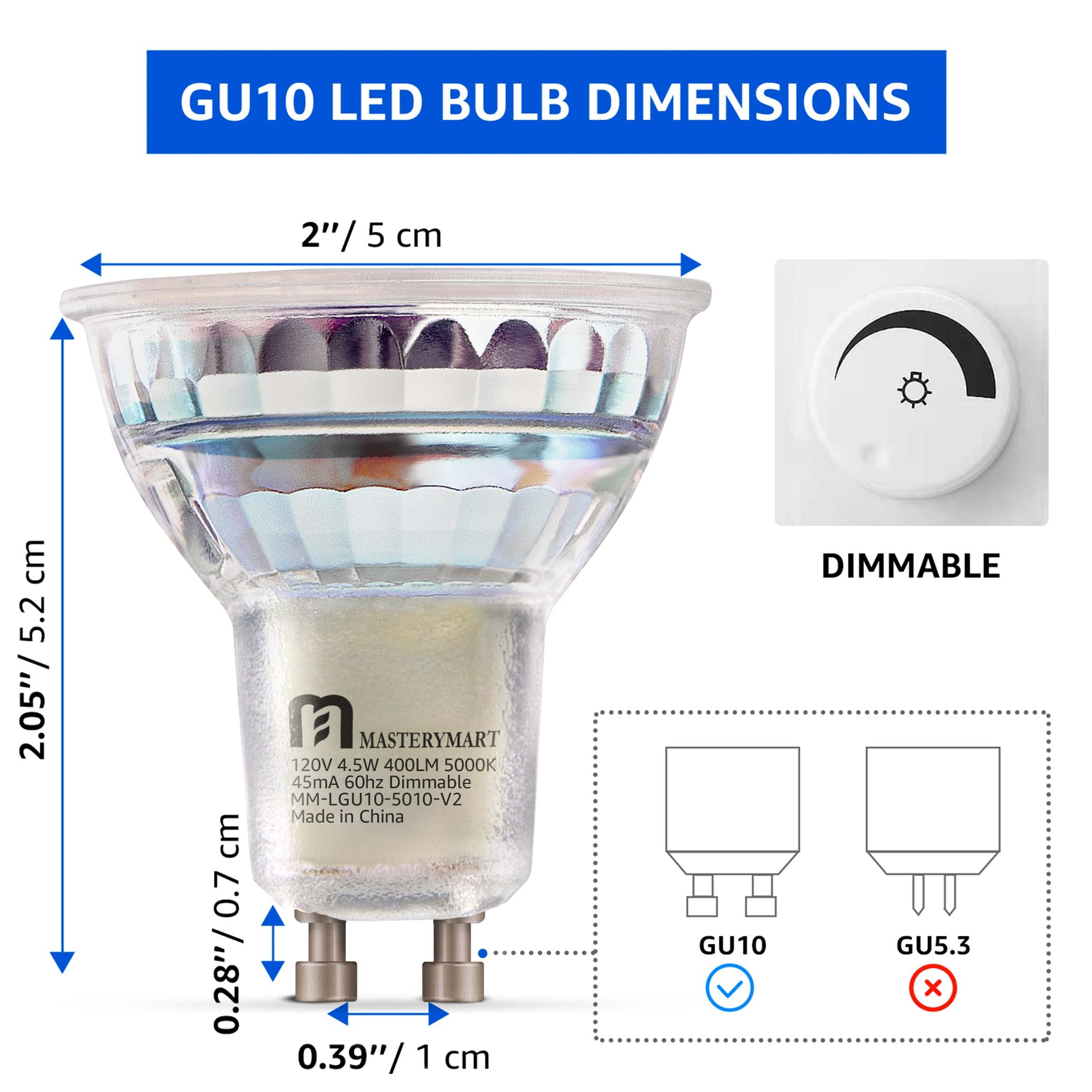 MASTERY MART GU10 LED Light Bulbs, 24 Pack, 4.5W, 5000K Daylight White, 400lm, Energy Saver for Track Lighting, Model MM