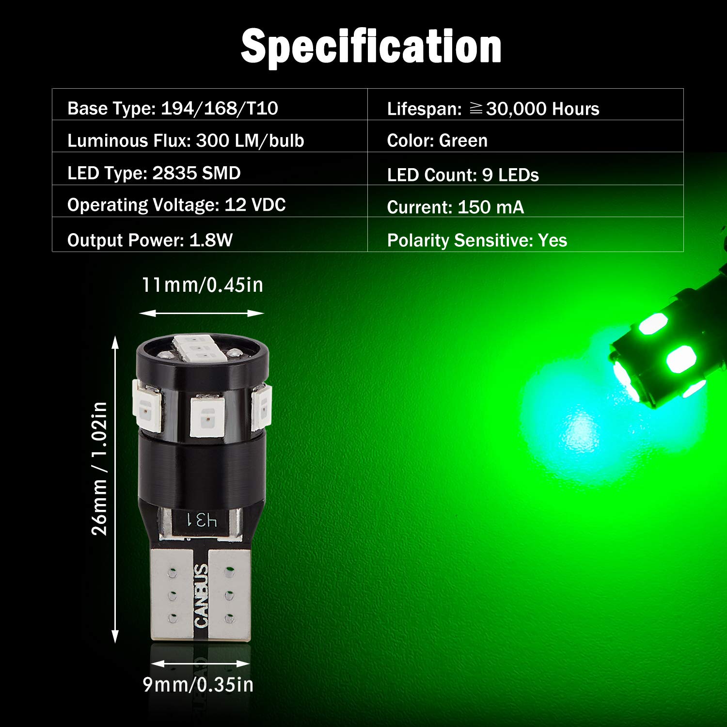 BRISHINE 194 T10 LED Bulbs Green 9-SMD 2835 Chipsets for Dome Map License Plate Lights