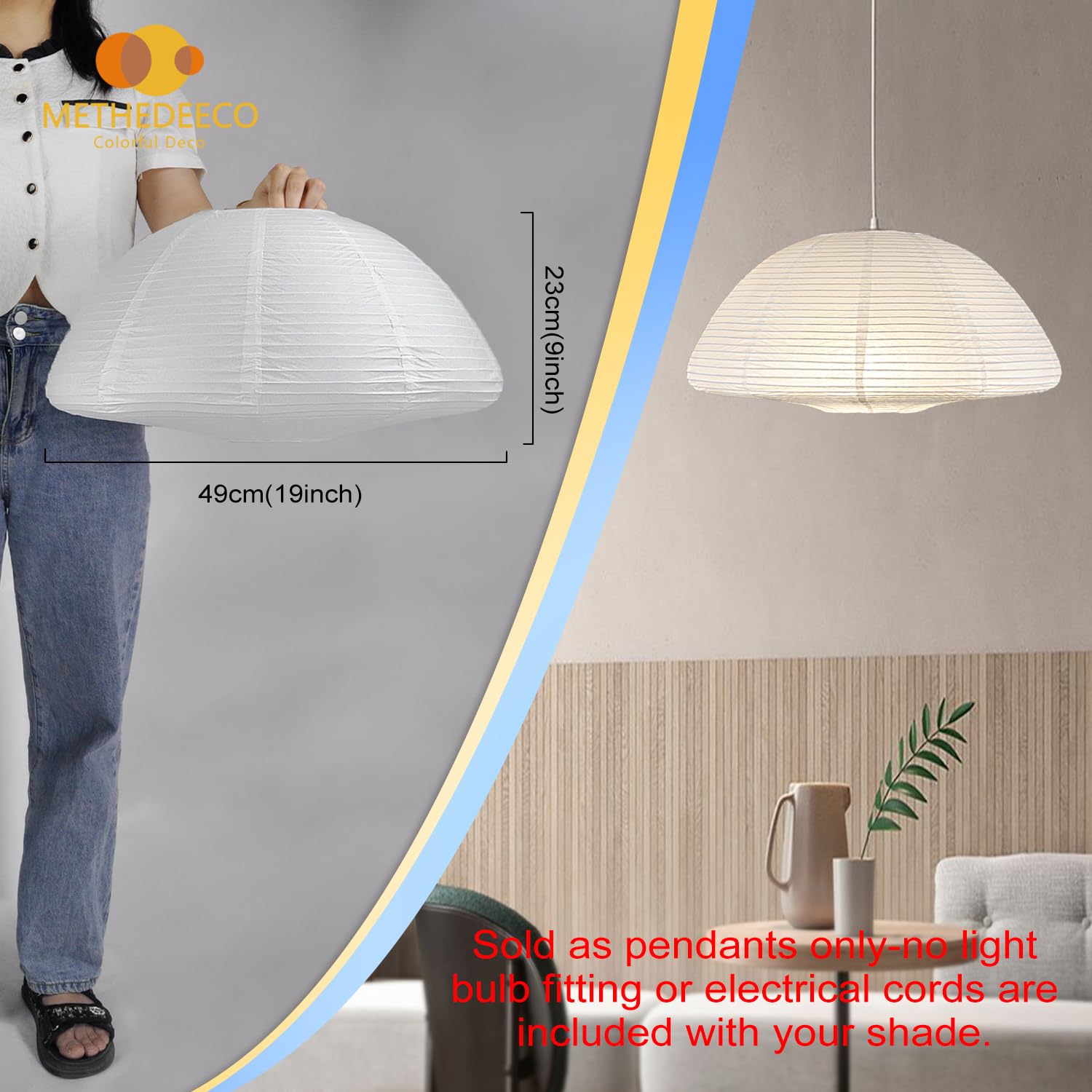 Methedeeco Paper Lanterns 20Inch Large Paperlampshade Hanging Rice Paper Lamp.Semicircularpendant Light Shade Chinese Lantern For Indoor Bedroom Living Room.Home Gift For Her