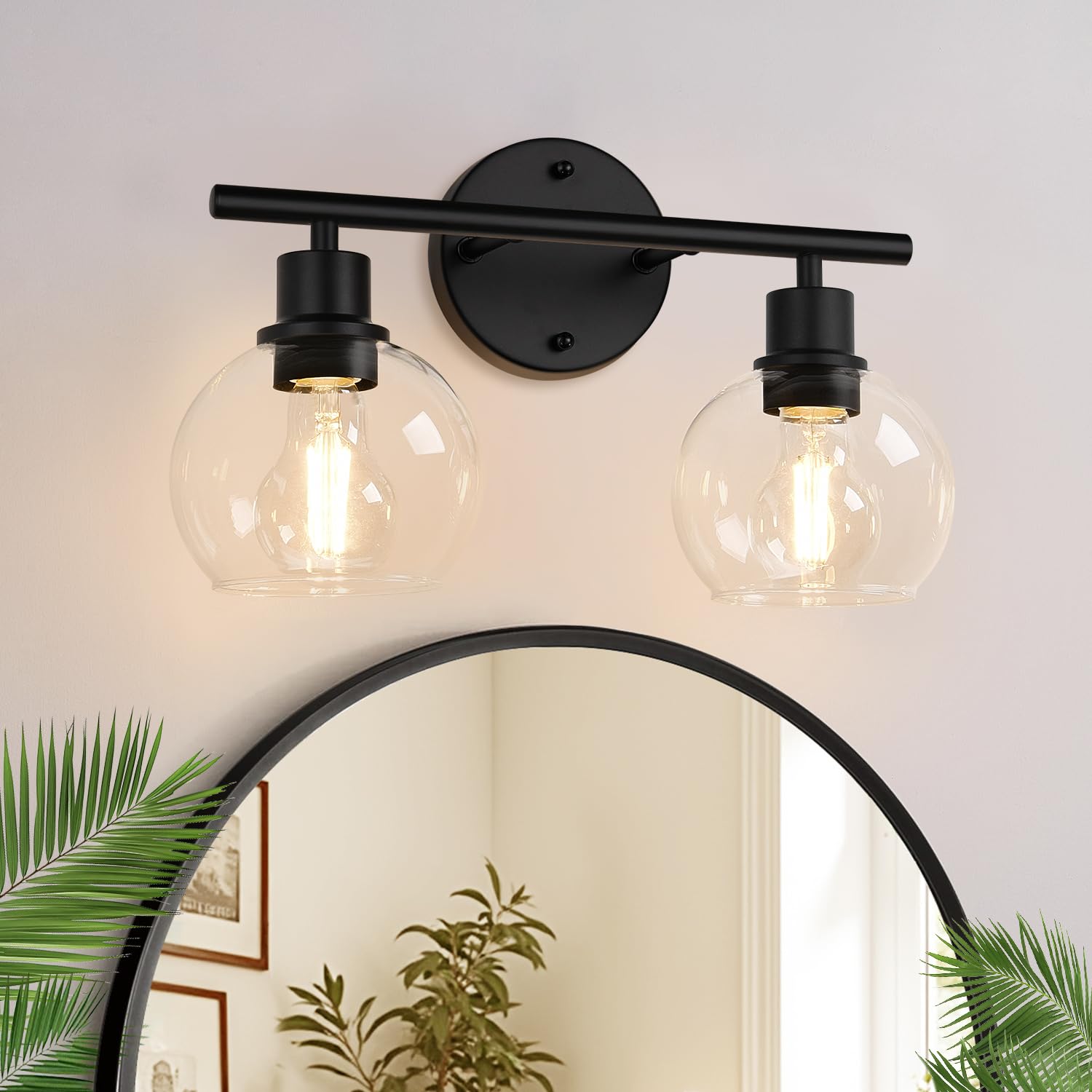 Indoi 2-Light Bathroom Vanity Light  Matte Black Bathroom Light Fixture Over Mirror with Clear Glass Globe Shades  Modern Farmhouse Wall Sconce for Bathroom  Kitchen  Bedroom  Hallway