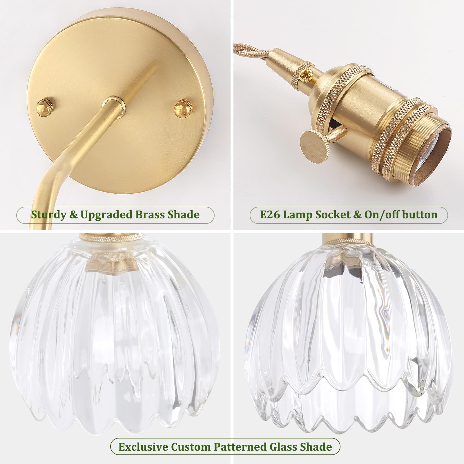 Shenmoyl Vintage Wall Sconce Lamp - Adjustable Chain, Glass Tulip Shade, Hardwired, Clear, Gold Finish