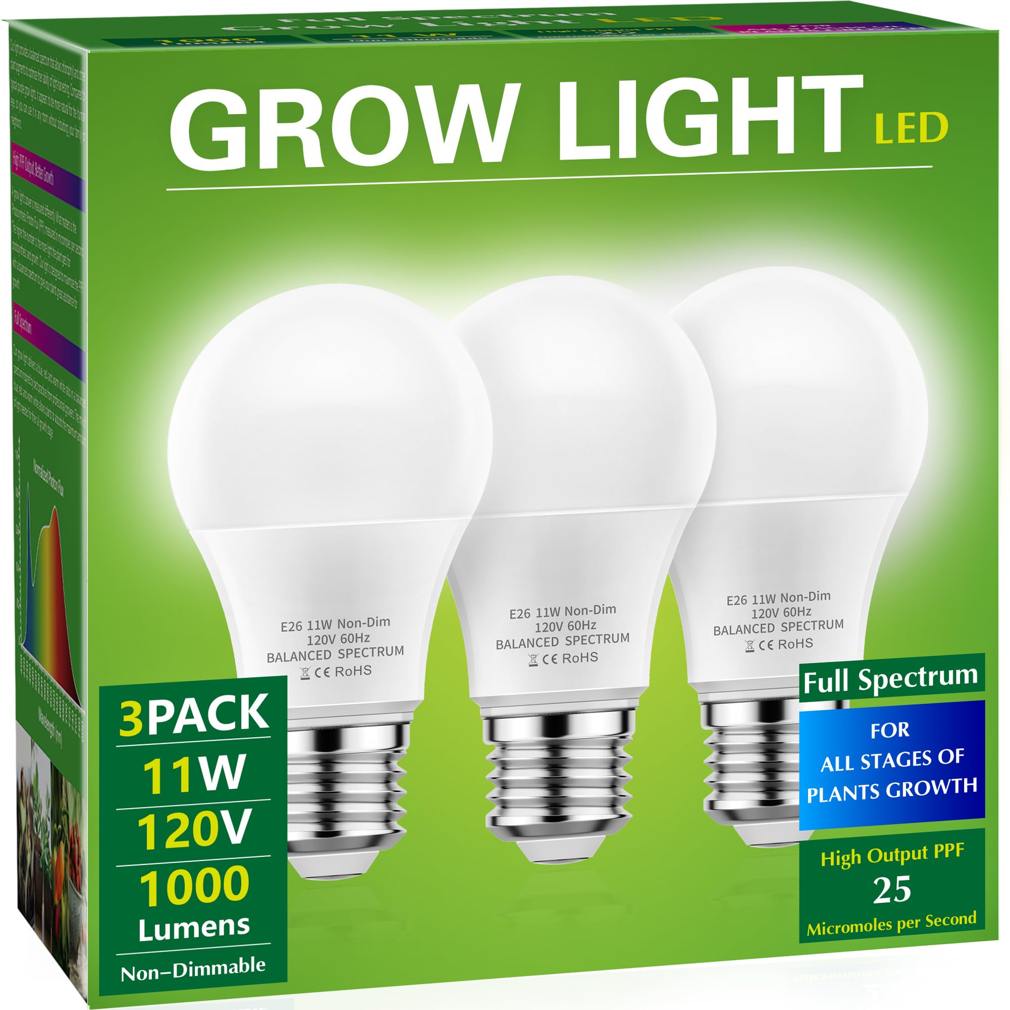 Briignite Grow Light Bulbs, Full Spectrum Grow Light Bulb, Led Grow Light Bulb A19 Bulb, Plant Light Bulbs E26 Base, 11W Grow Bu
