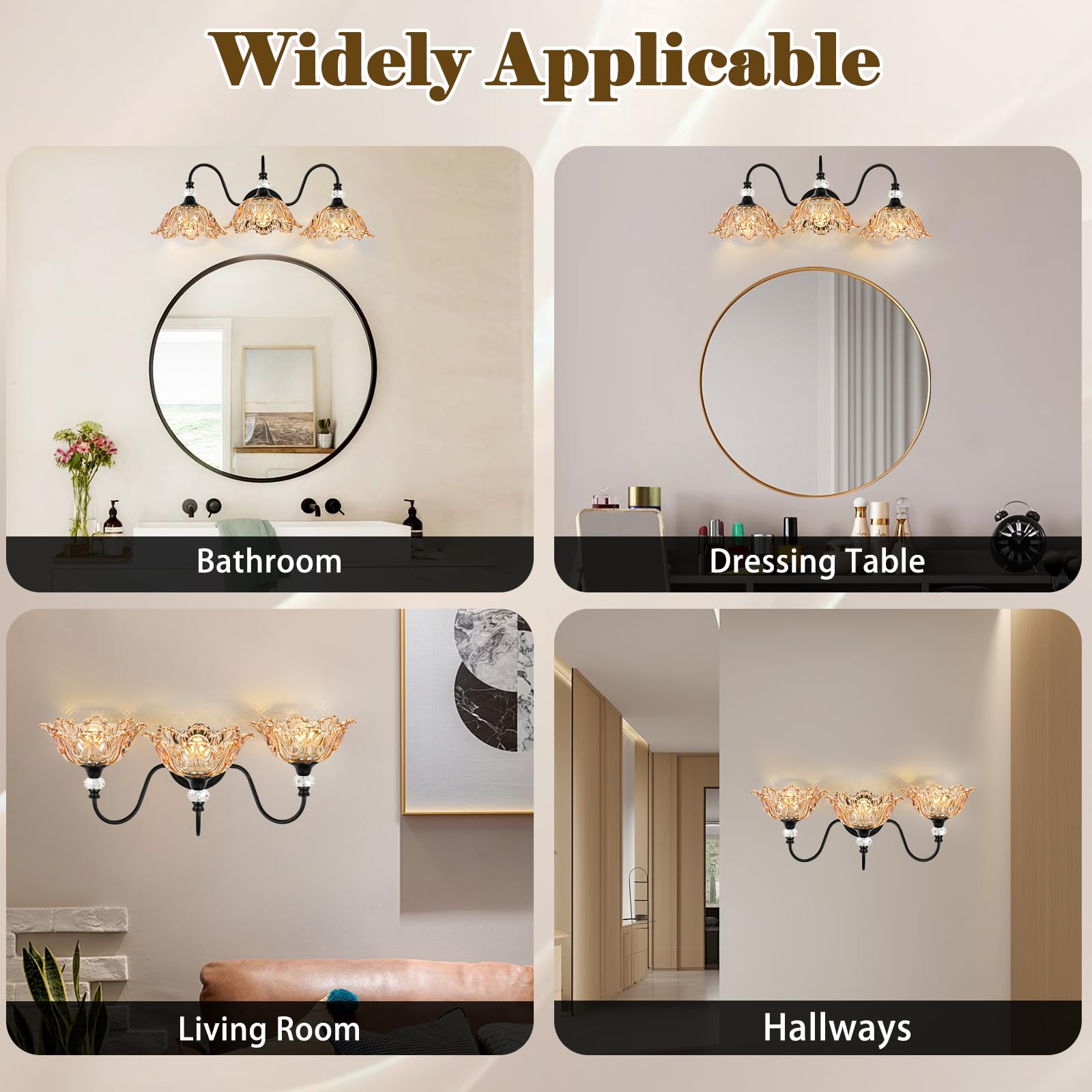 sunkryster 3-Light Bathroom Vanity Light, Black & Amber Floral Glass Shades, Vintage Farmhouse Wall Mount, Model Sun-104AB-3-Black-Amber