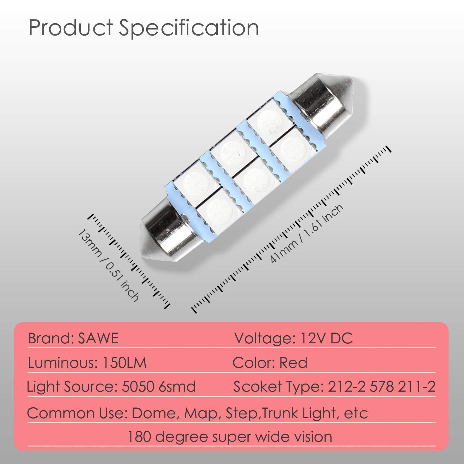 SAWE Festoon LED Bulbs 1.72in 6-SMD 5050 for Dome Map Light, Pack of 4, Red