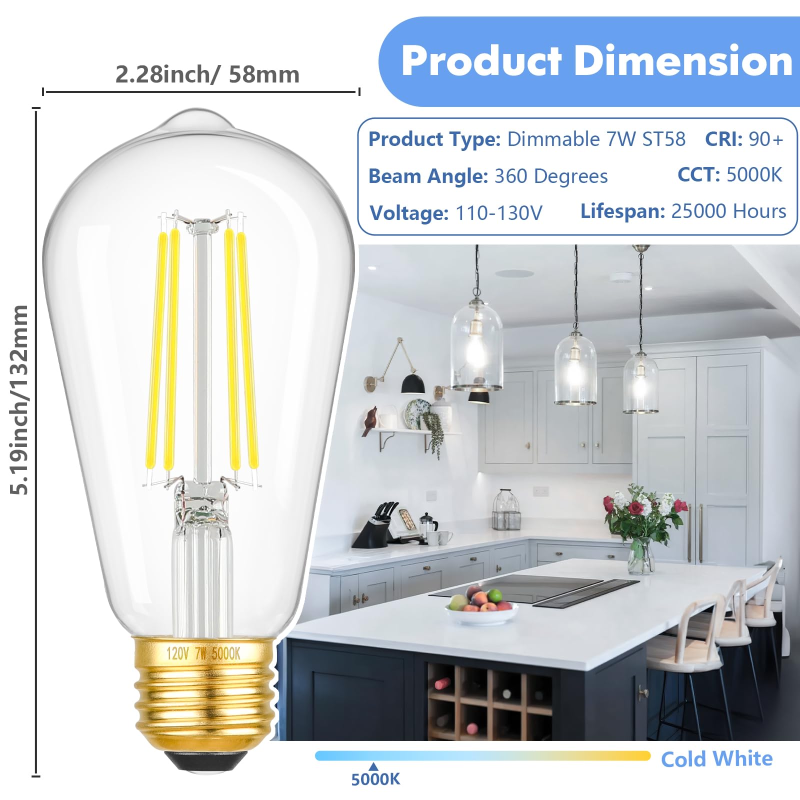 6-Pack 7W Dimmable Led Light Bulbs, 60Watt Equivalent Edison Bulbs, 900Lm Ultra Bright Led Bulbs, 5000K Daylight White, St58 Vin