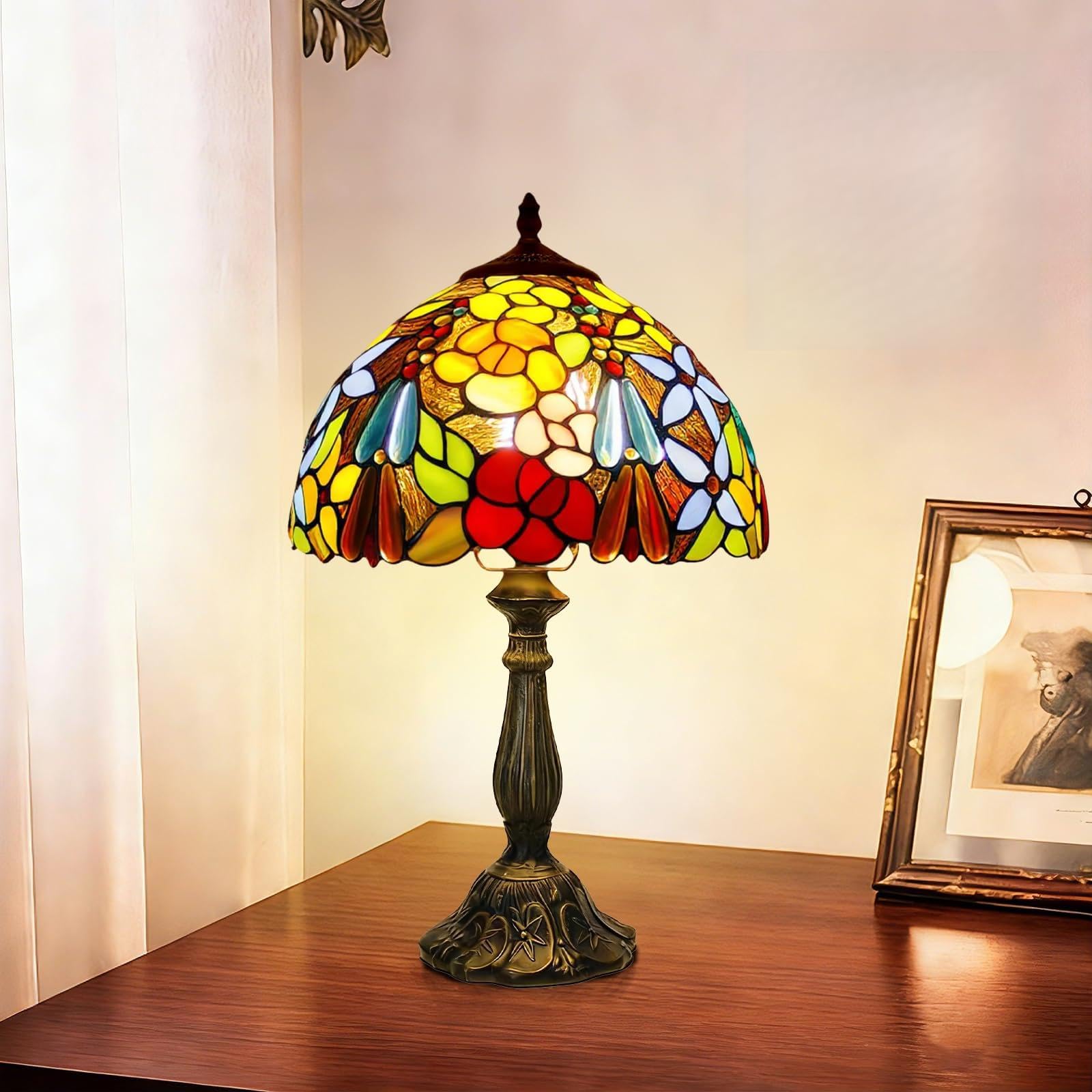 Plynvexa Tall Table Lamps Bedside Nightstand Rose Flower Beads Stained Glass Table Lamp for Bedroom,Living Room,Dining Room Rest