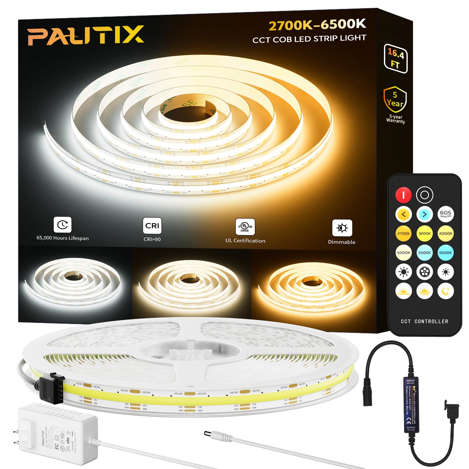 Pautix 16.4Ft Dimmable Cob Led Strip Light, Tunable 2700K-6500K, Cr