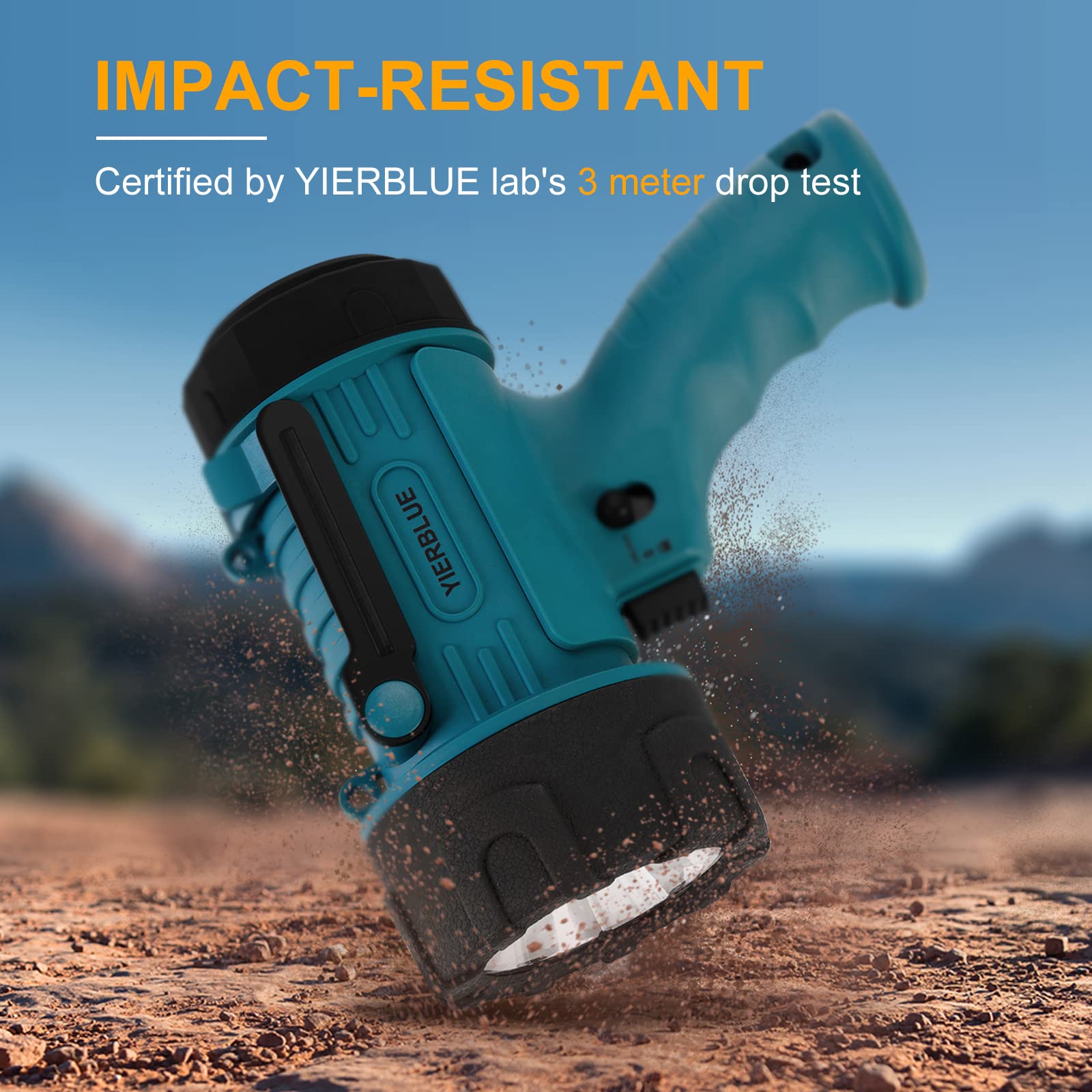 YIERBLUE 1500 Lumen Rechargeable Spotlight Flashlight, IP67 Waterproof, Impact Resistant, Handheld with Foldable Stand & Detachable Red Lens, Blue