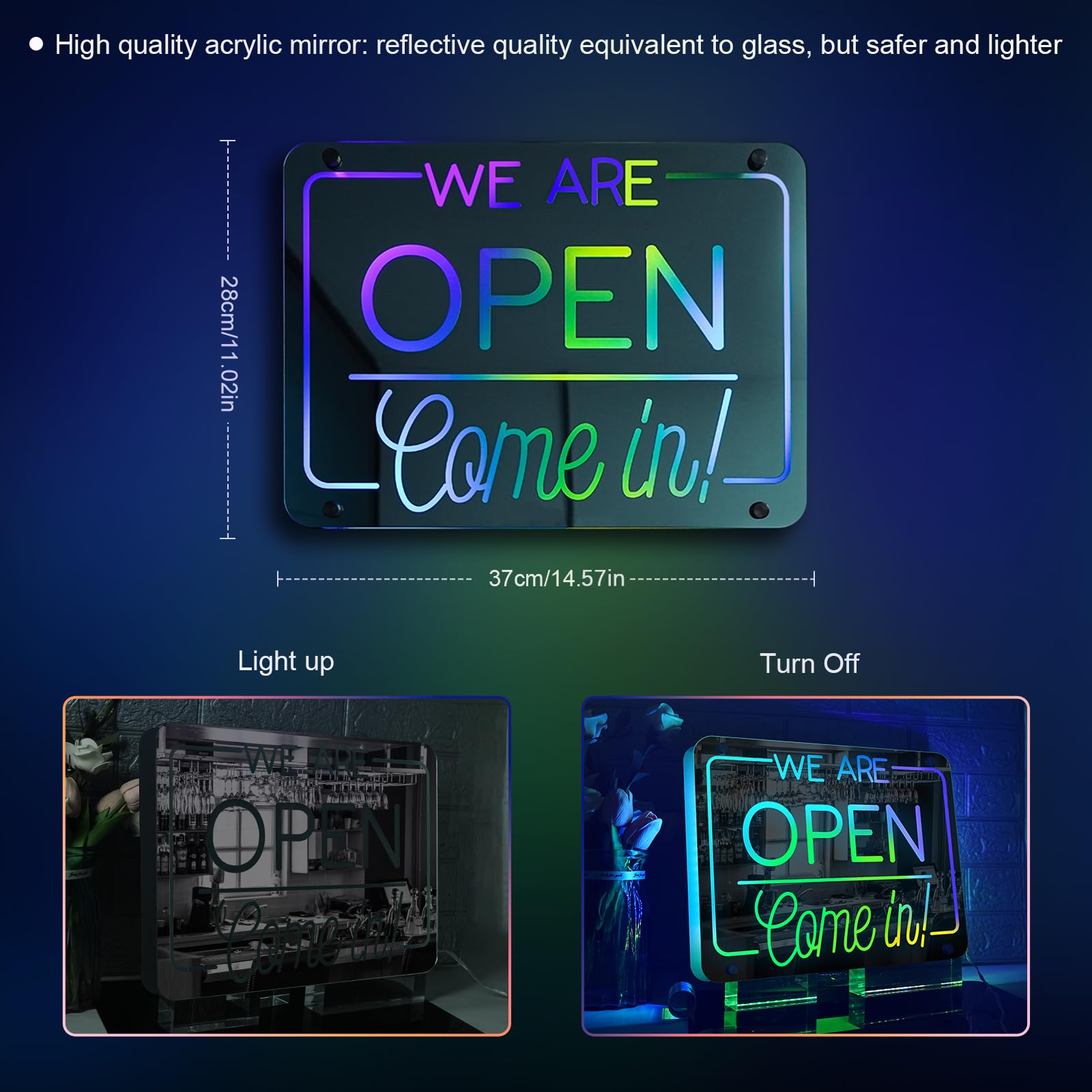 ineonlife Neon Sign - inCome In We Are Openin LED Light for Business Decor - 14.57 x 11.02 inches - Mirrored Colorful
