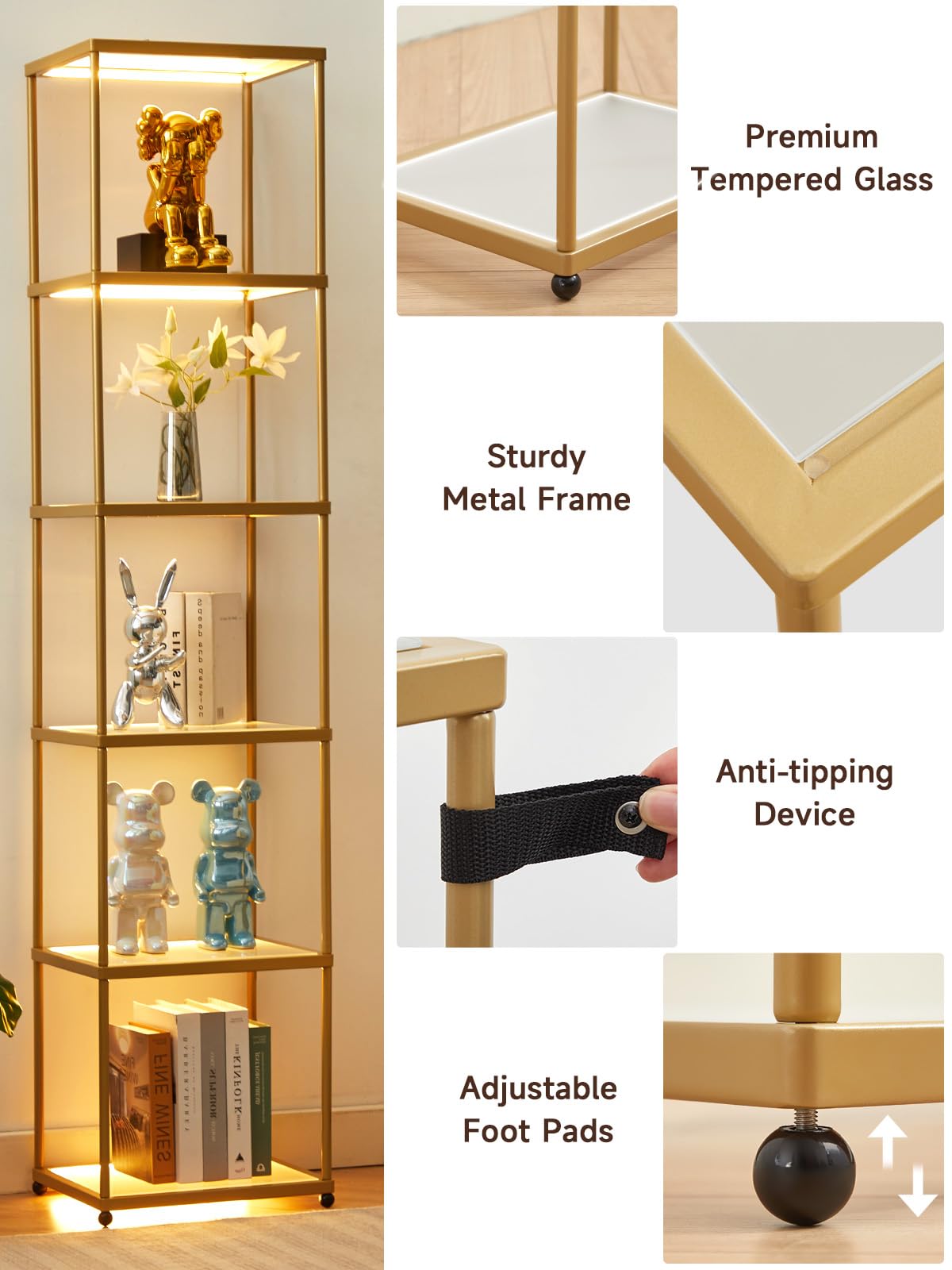 Manbur Display Shelf With Dimmable Led Floor Lamp, Display Cabinet With Glass Bookcase, Home Decor, Bedroom Decor, Bookshelf Wit
