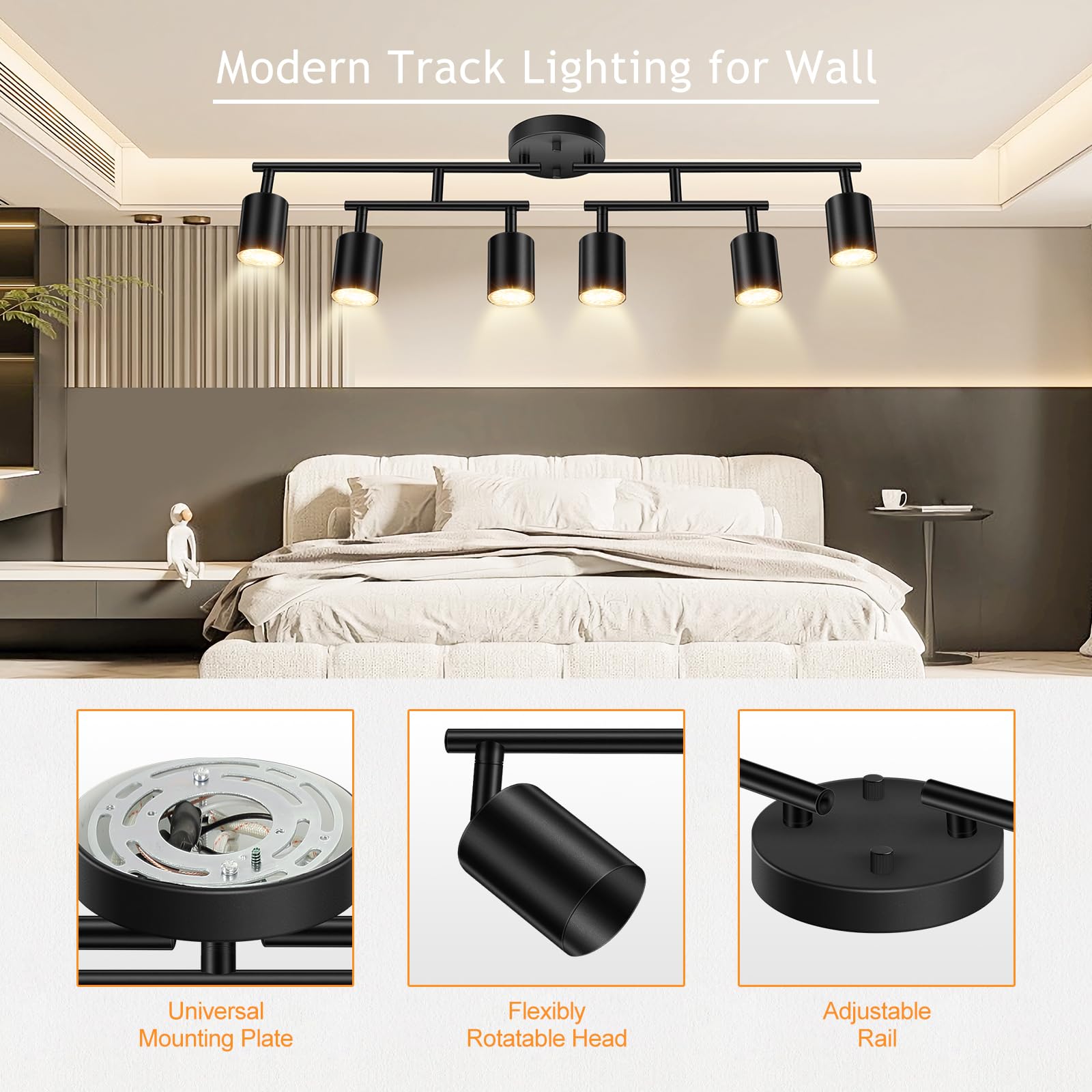 Boostarea 6 Light Track Lighting Kit, Black 6 Way Ceiling Spot Lighting, Center Swivel Track Light Heads, Flexibly Rotatable Lig