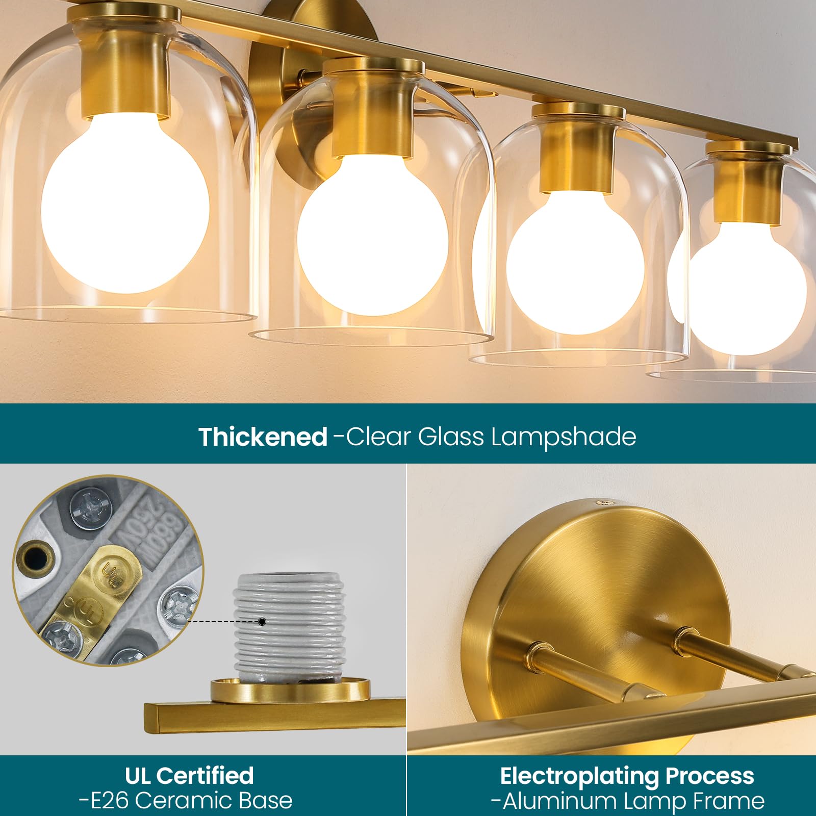 Woshitu Bathroom Vanity Light Fixtures: 32.3 Inch Modern Brushed Gold Bathroom Light Fixtures Over Mirror With Clear Glass Shade