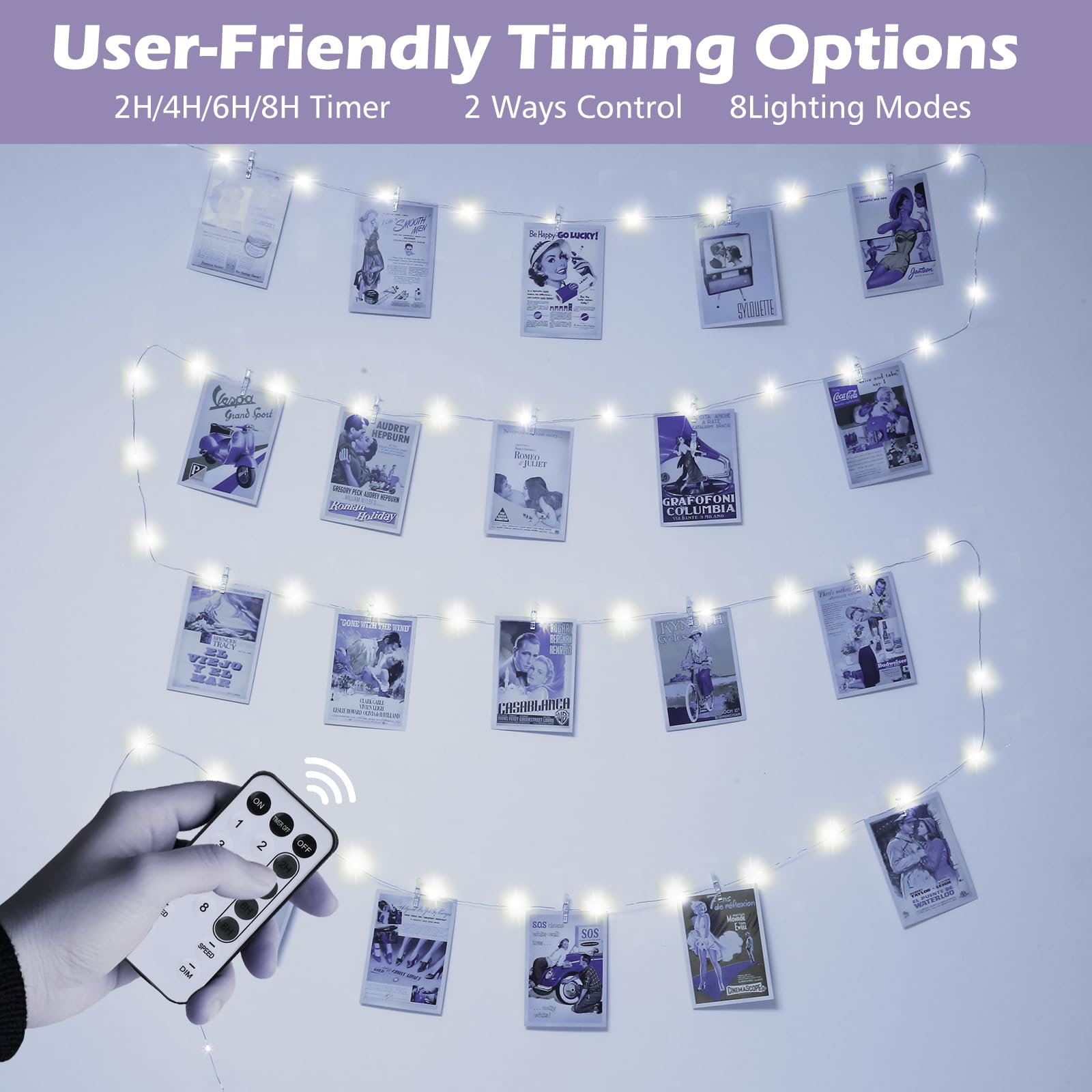 Bryubr 120 Led Photo Clips String Light With 52 Clear Picture Clips, 40Ft Fairy Lights With Remote, Timer & 8 Modes Usb Powered Copper Wire Lights For Bedroom, Dorm, Christmas, Party White