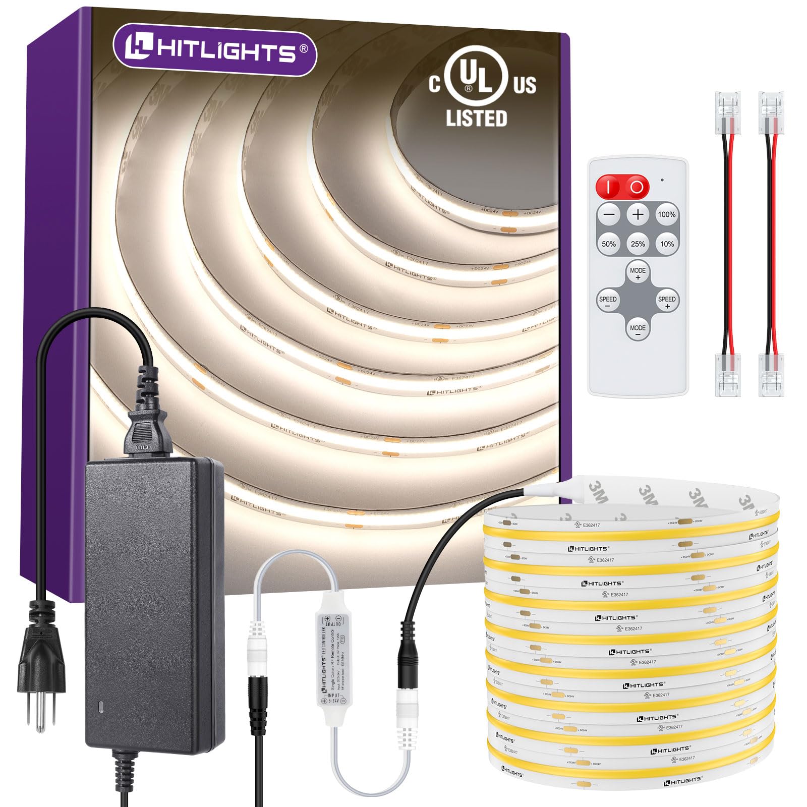 Hitlights Cob White Led Strip Lights Kit With Remote & 24V Power Supply  16.4Ft Dimmable Tape Light 4000K  2560Leds  350+ Lm/Ft  Ul Listed  Flexible Rope Lights For Bedroom  Kitchen  Cabinet Lighting