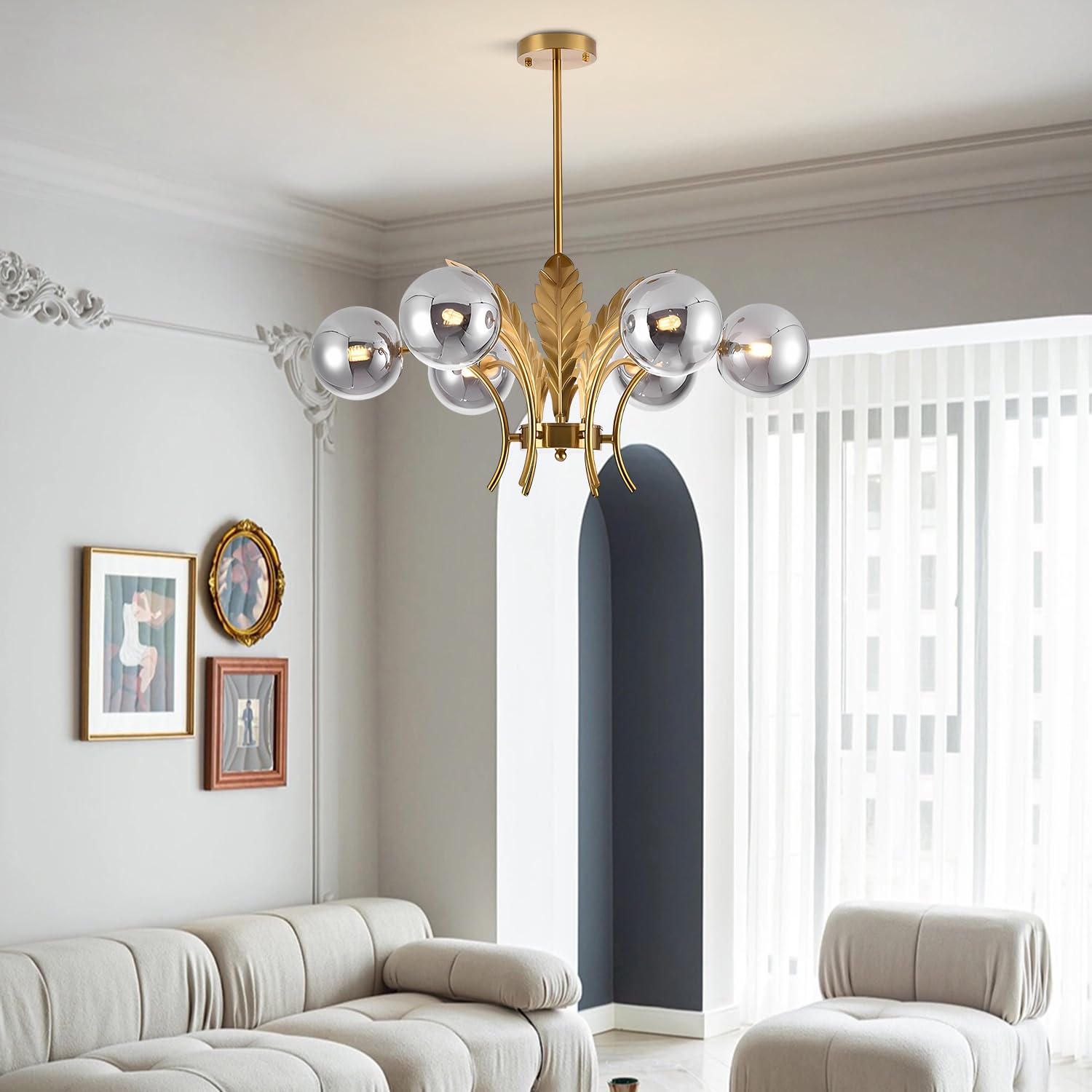 Bokt Gold Sputnik Chandelier Mid Century Smoky Gray Glass Chandelier Light Leaf 6-Light Adjustable Ceiling Hanging Light Fixture