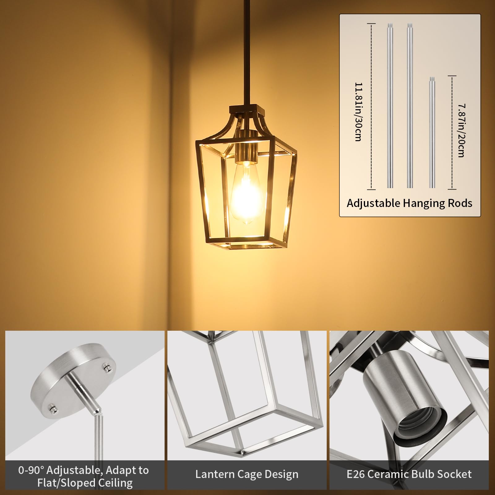 Foucasal Brushed Nickel Pendant Light Lantern Pendant Lights For Kitchen Island Mini Pendant Light Fixture, Adjustable Rods Farm