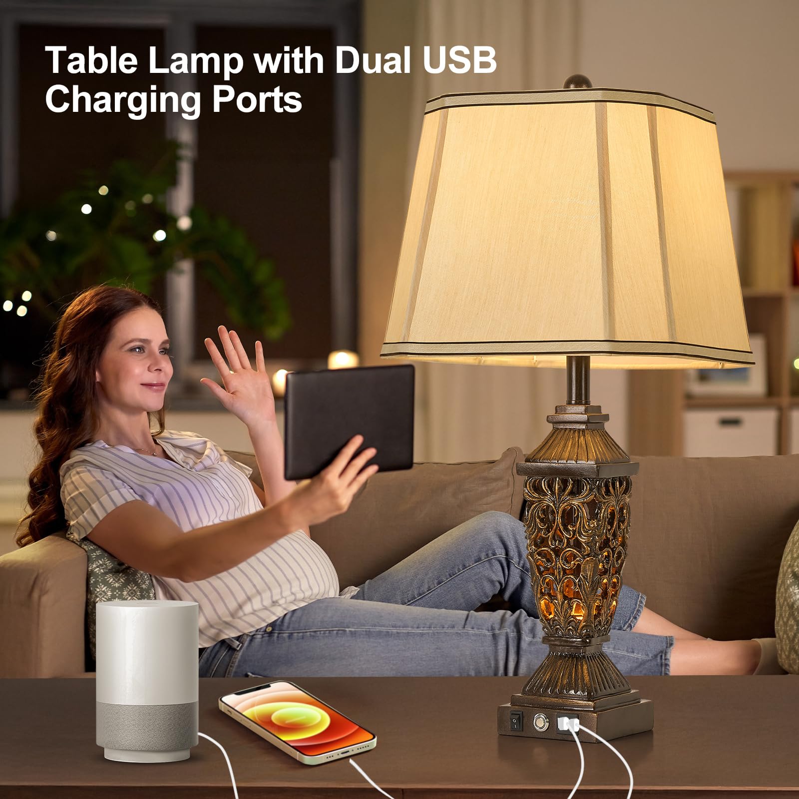 AIDENOEY 27.5in Farmhouse Table Lamp with USB & USB-C Ports, 3-Color Dimmable, Touch Control, Vintage, Brown, Model HYQT108