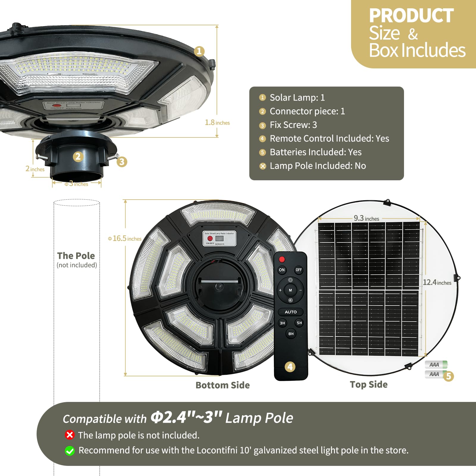 Locontifni Solar Lamp Post Light with Motion Sensor, IP65 Waterproof, 750 LEDs, Black, Model LHLN7502025 for Outdoor Use