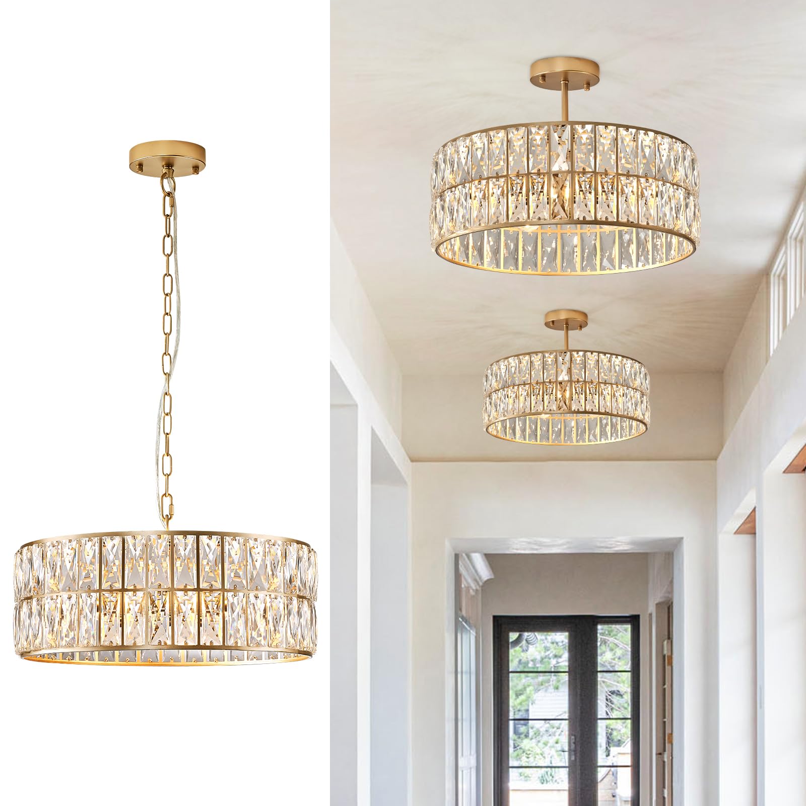 Catiner Modern Crystal Chandelier For Dining Room Gold Semi Flush Mount Ceiling Light Fixtures 18” Large Round Crystal Pendant Lighting For Foyer Bedroom Living Room