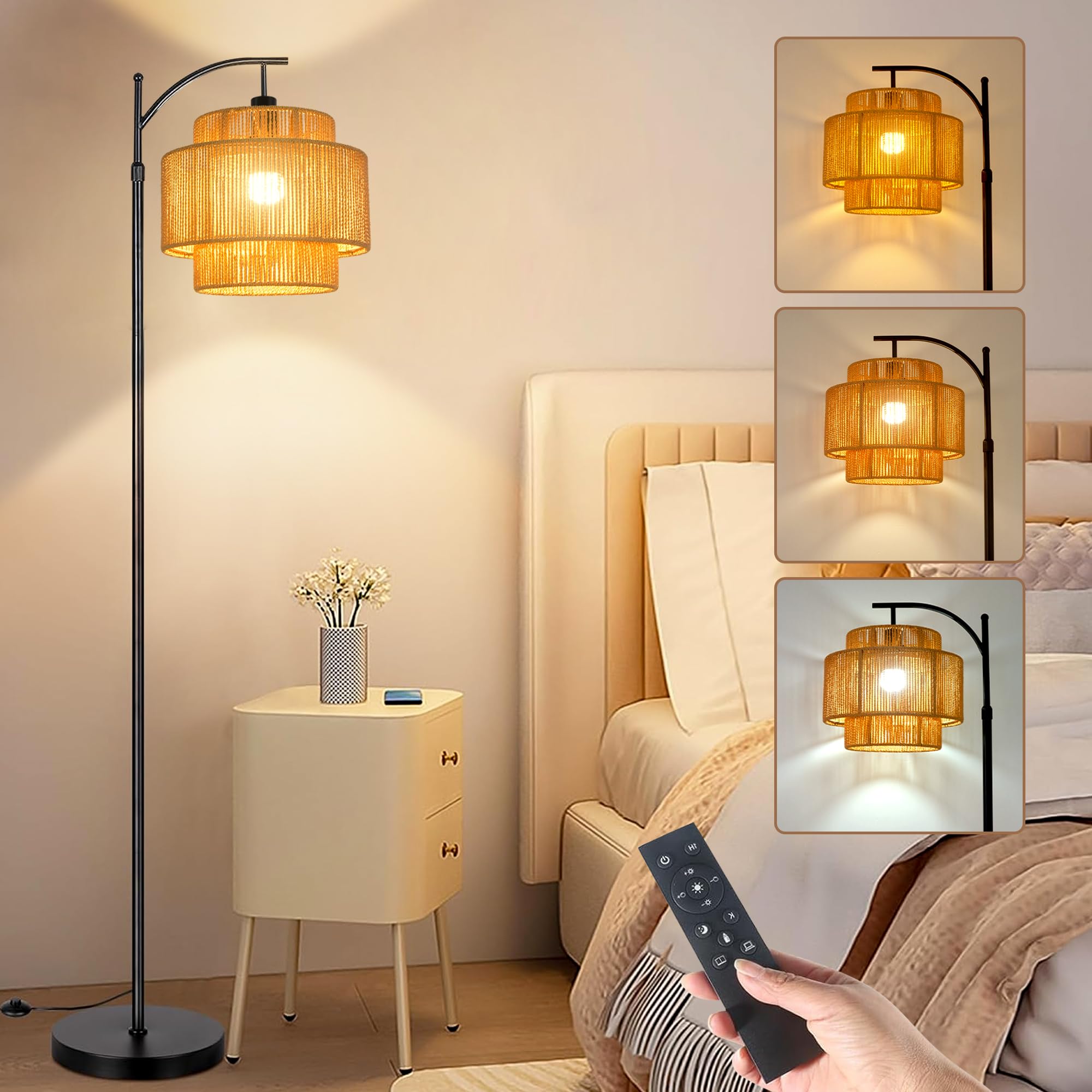ILLMTW Rattan Floor Lamp for Living Room Bedroom Boho Arc Standing Lamp with Remote Dimmable Black Farmhouse Wicker Bamboo Lamp 