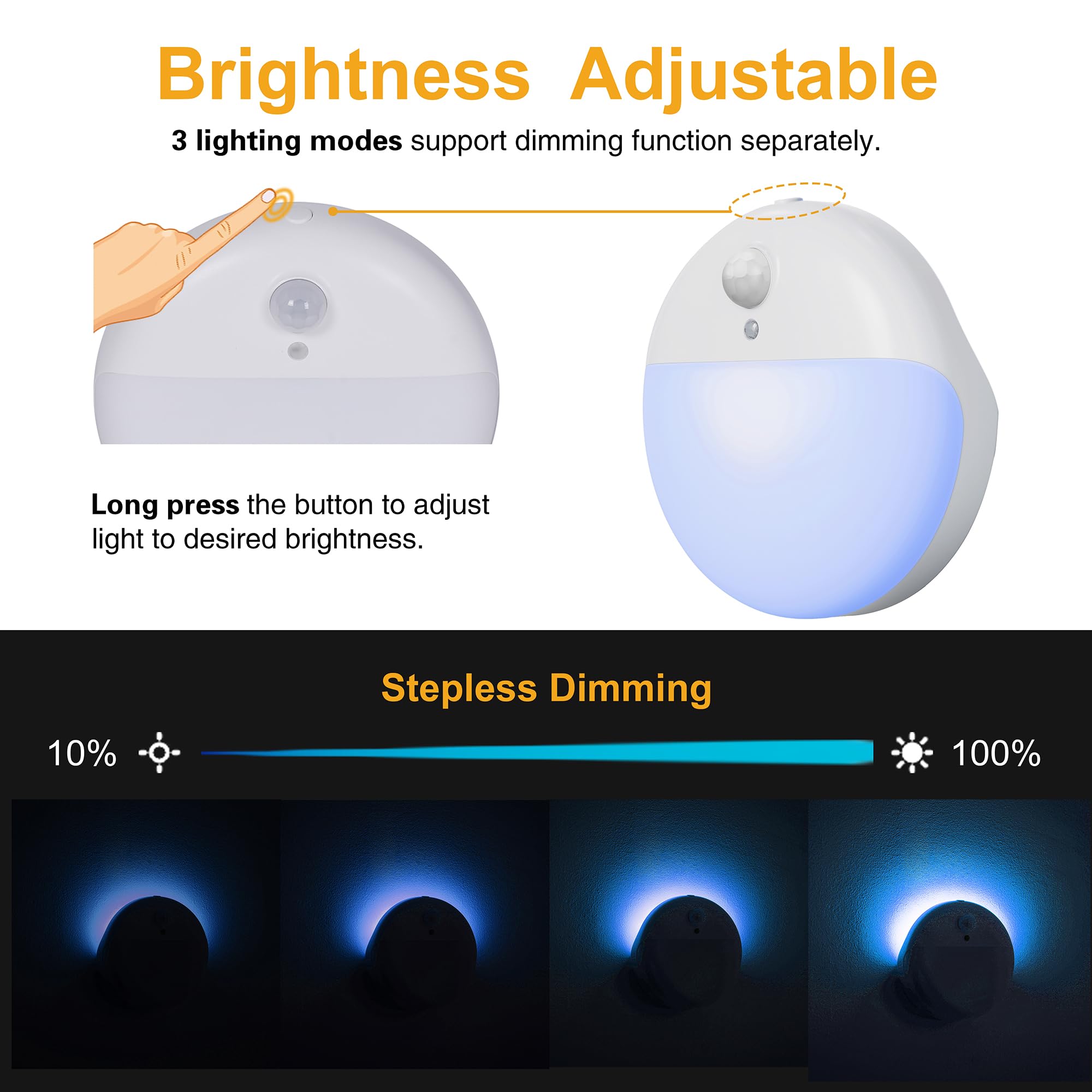 Yunlex 2 Pack Motion Sensor Night Light, 3 Lighting Modes, Battery-Powered Wardrobe Lights, Stick-Anywhere, Stepless Dimming, Az