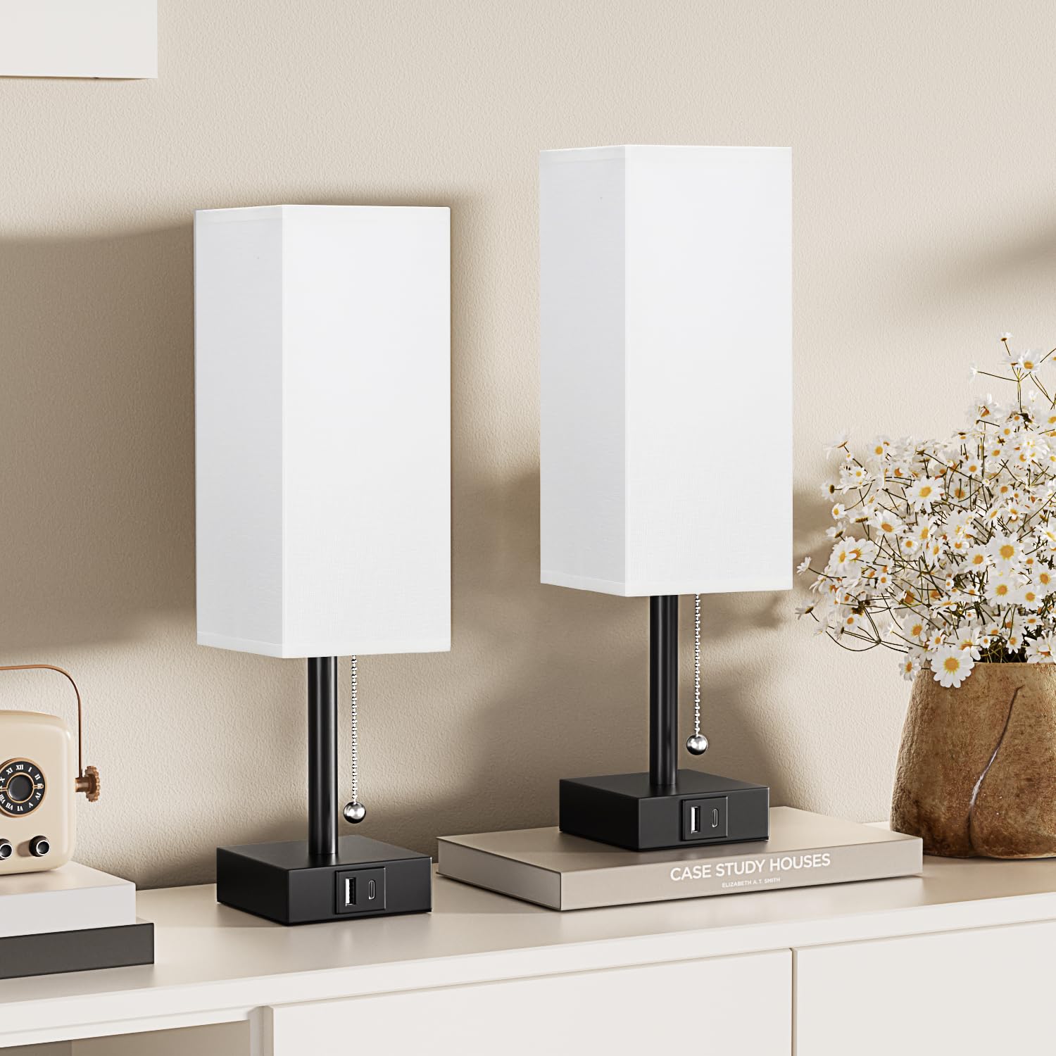 Bedside Lamps Set of 2 - White, 3 Color Temperatures, USB Charging, Pull Chain Night Light