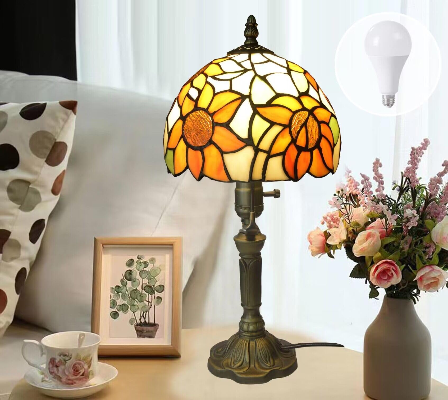 Tiffany Lamp Stained Glass 3 Way Table Lamp,Yellow Sunflower Bedside Table Lamp Led E26 Bulb, For Bedroom Living Room,Included 3 Way Led Bulb