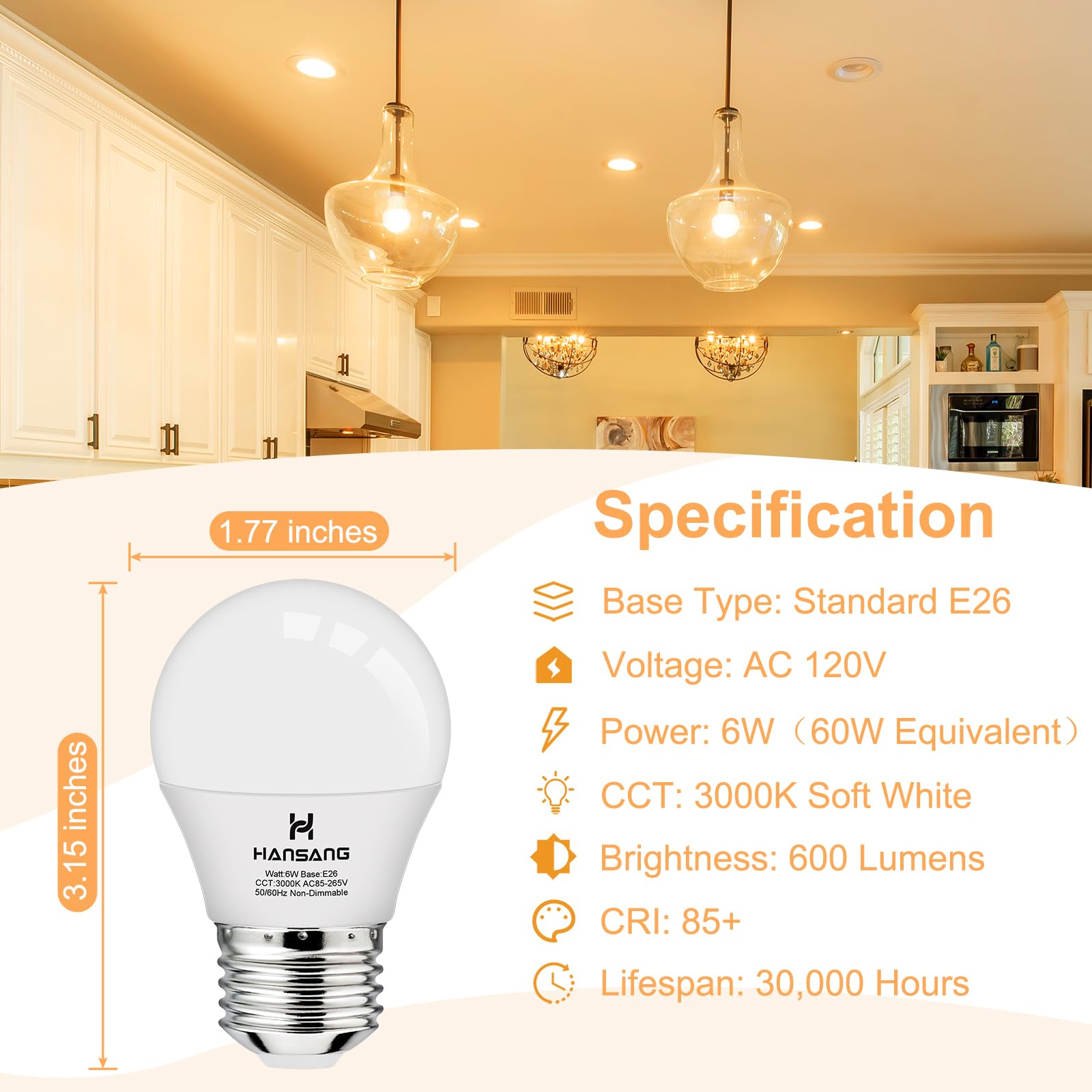 Hansang E26 Appliance Light Bulb, 3000K Soft White, 60 Watt Equivalent Small Light Bulb, E26 Led Bulb For Ceiling Fan, A15 Light