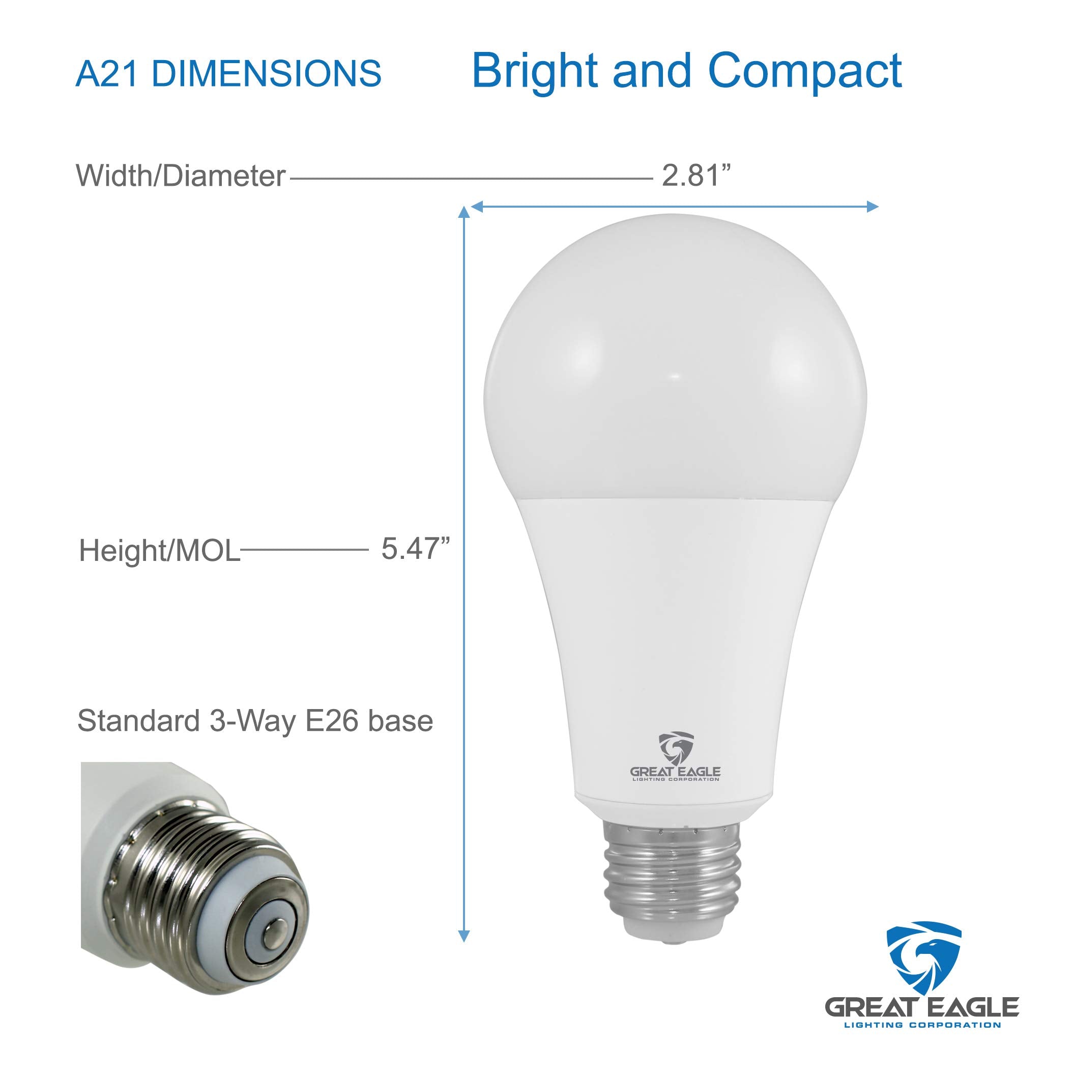 Great Eagle 50/100/150W Equivalent 3-Way A21 Led Light Bulb 5000K Daylight Color (2-Pack)
